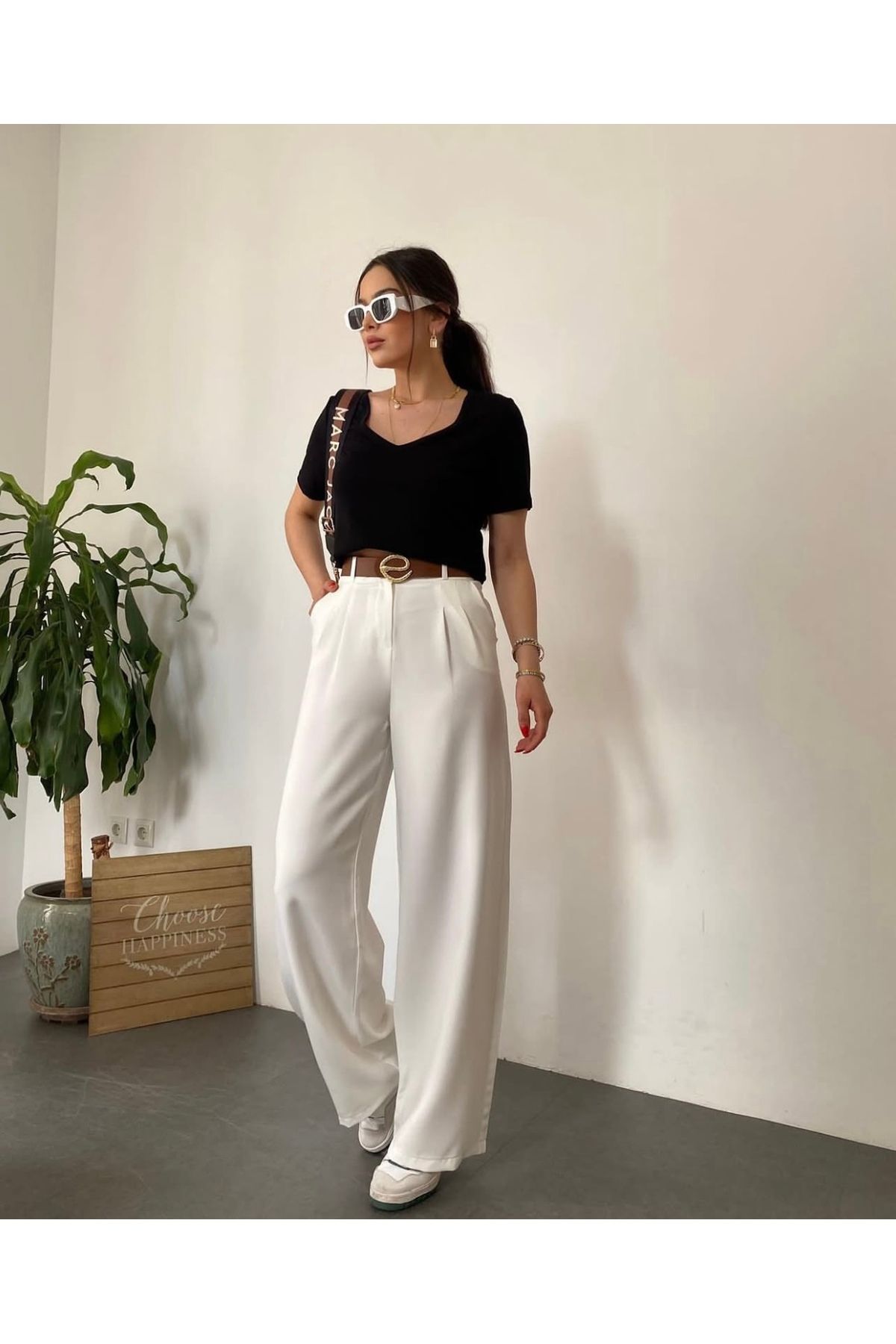 boutiquemery Beyaz Pileli Palazzo Kumaş Pantolon