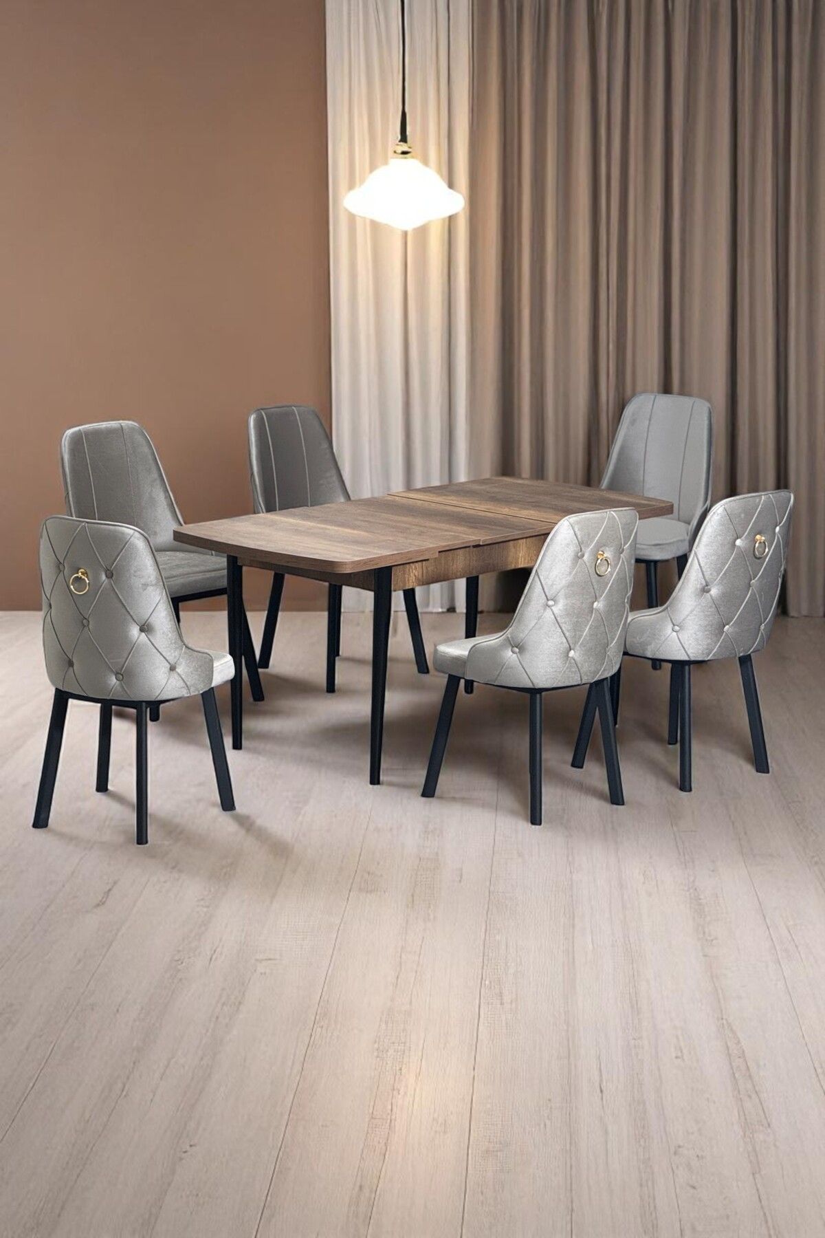 Sonata Ceviz 80 x 132 Açılabilen Sunta Masa Siyah Metal Ayaklı Mutfak Masası 6 Cappucino Sandalye-0