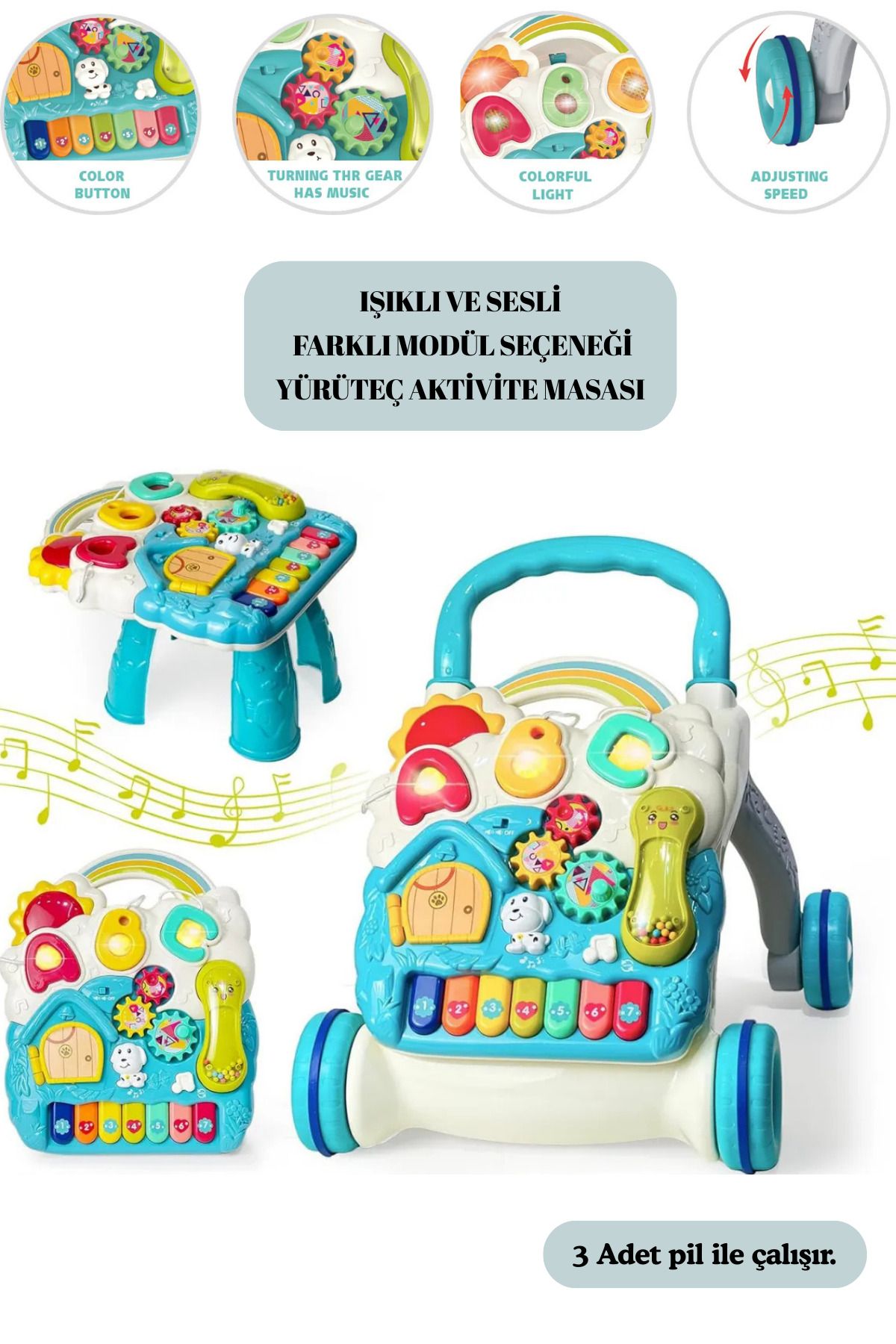 kosetoys Sesli Işıklı Piyanolu Yürüteç Aktivite Oyun Masası 4 in 1 MAVİ