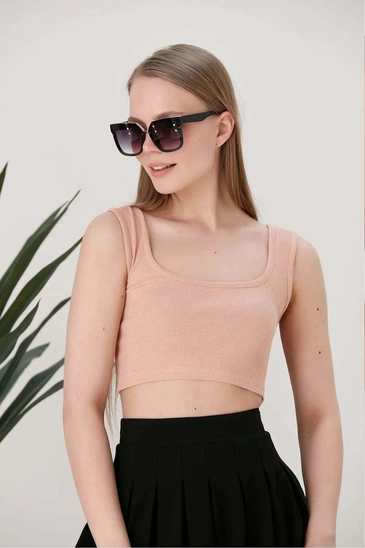 Trendy Butik Kadın Askılı Fitilli Crop Örme Badi -Somon