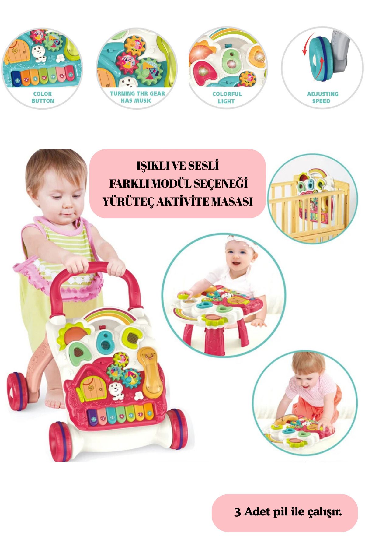 kosetoys Sesli Işıklı Piyanolu Yürüteç Aktivite Oyun Masası 4 in 1 PEMBEİ