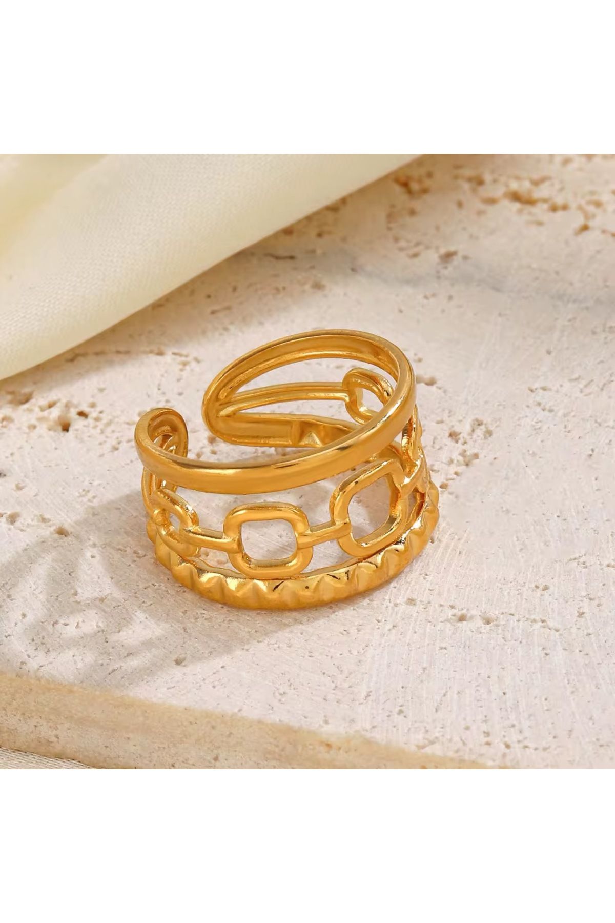Siya Silver Kararmaz Çelik Geometrik Katmanlı Model Gold Renk Ayarlanabilir Kadın Yüzük