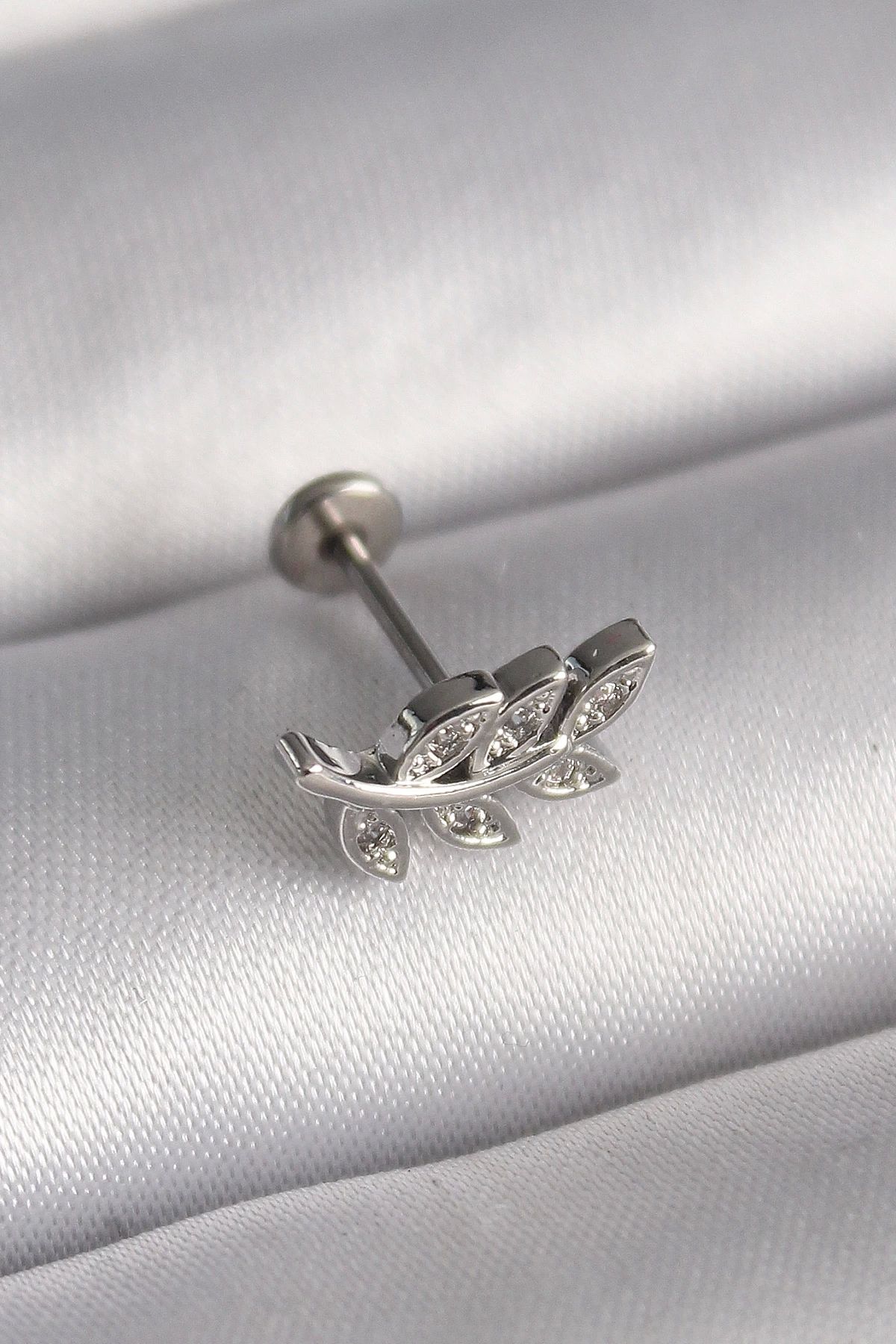 STOREMAX 316L Çelik Gümüş Renk Dal Model Zirkon Taş Detaylı Tragus Piercing