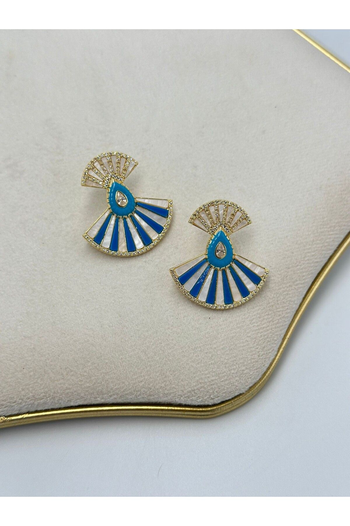 MyladyAccessoriess Zirkon Taş Ve Mavi Çizgi Tasarım Detay Küpe