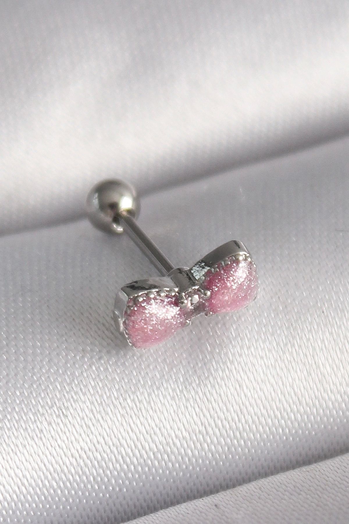 STOREMAX 316L Çelik Gümüş Renk Pembe Kurdele Zirkon Taş Detay Tragus Piercing