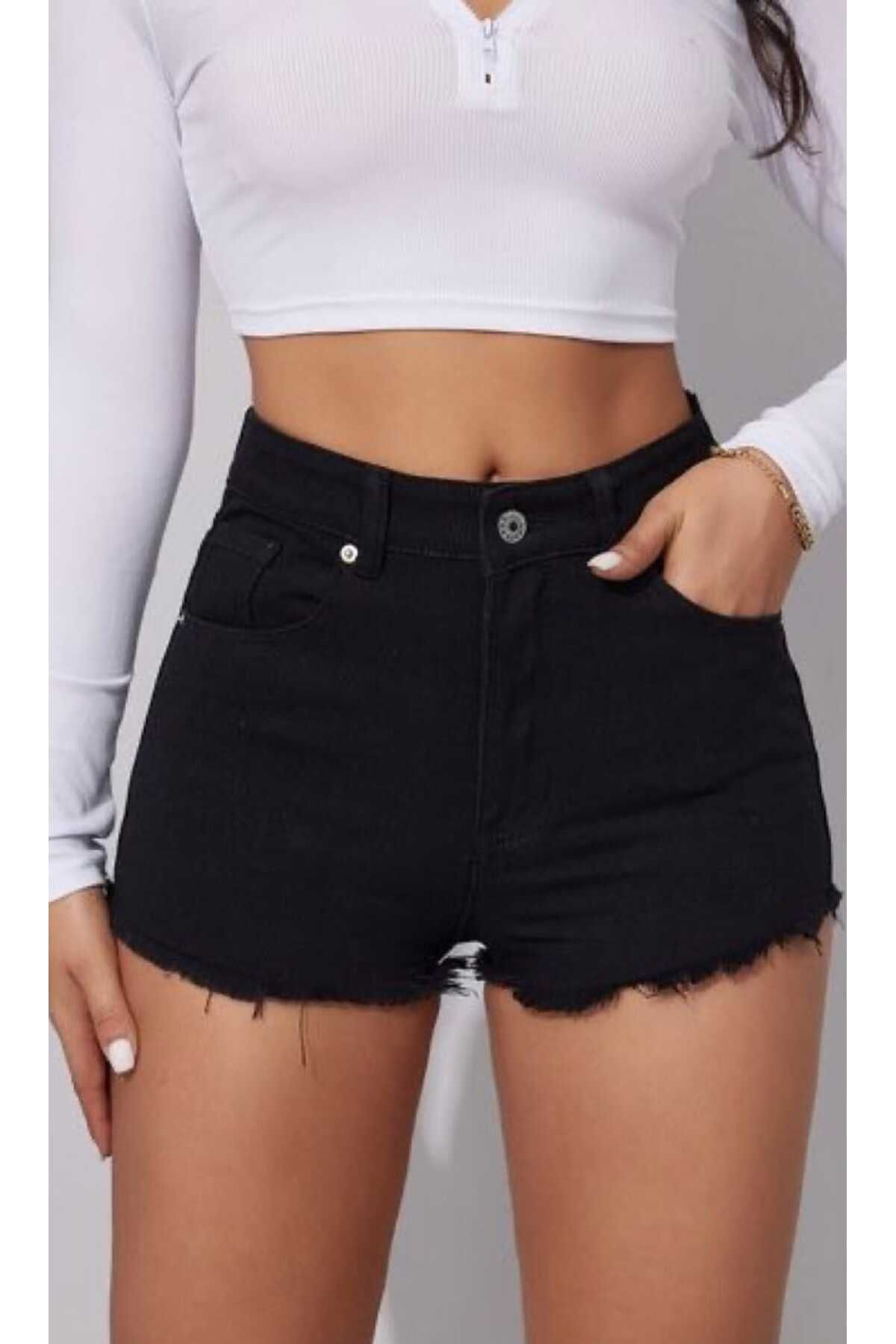 miss fasion kadın Yüksek Bel Püsküllü Denim Kot Şort Siyah