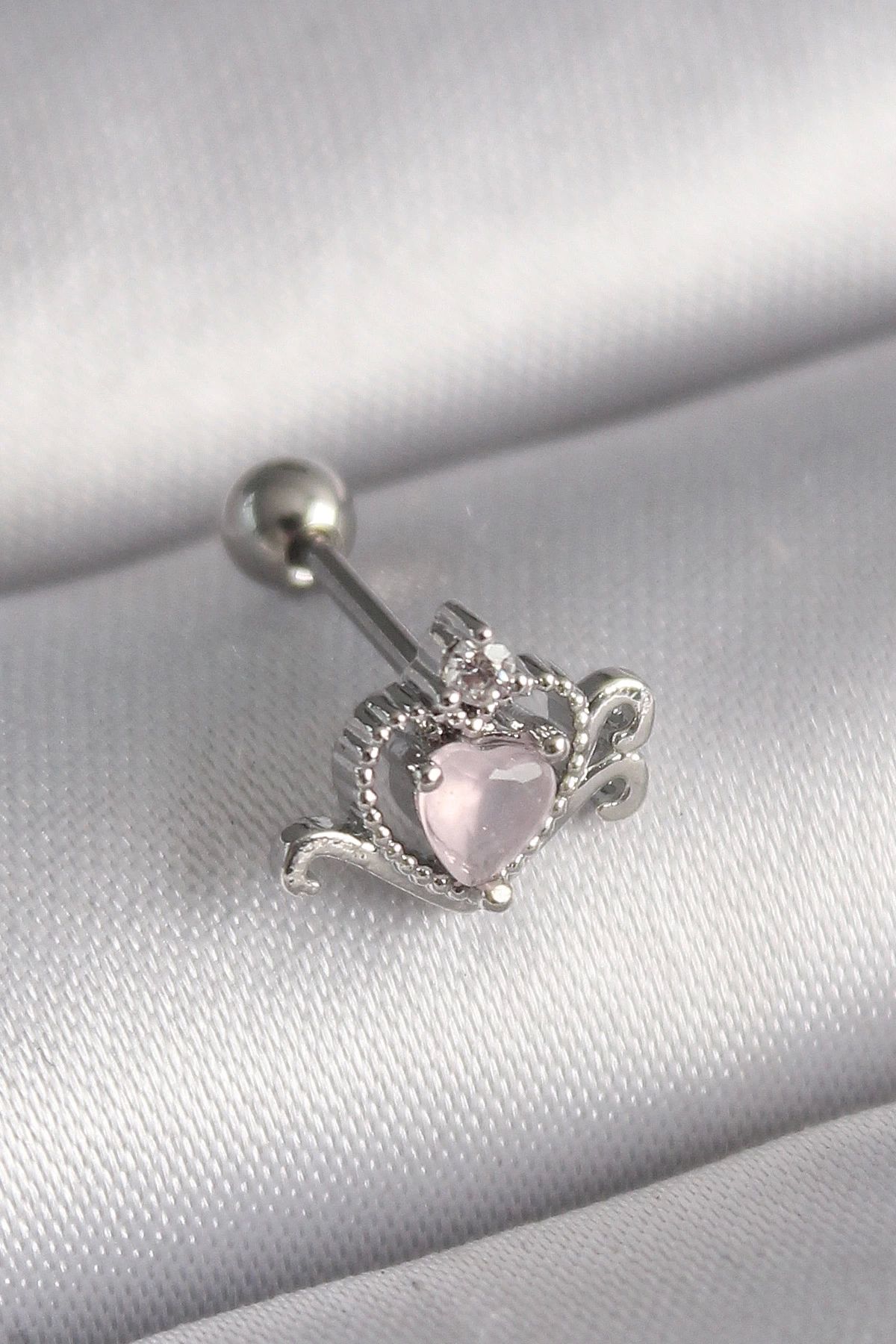 STOREMAX 316L Çelik Gümüş Renk Pembe Mineli Kalp Zirkon Taş Detay Tragus Piercing