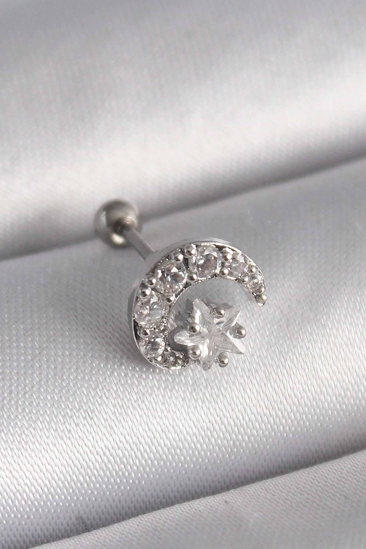 STOREMAX 316L Çelik Gümüş Renk Zirkon Taşlı Ay Yıldız Tragus Piercing