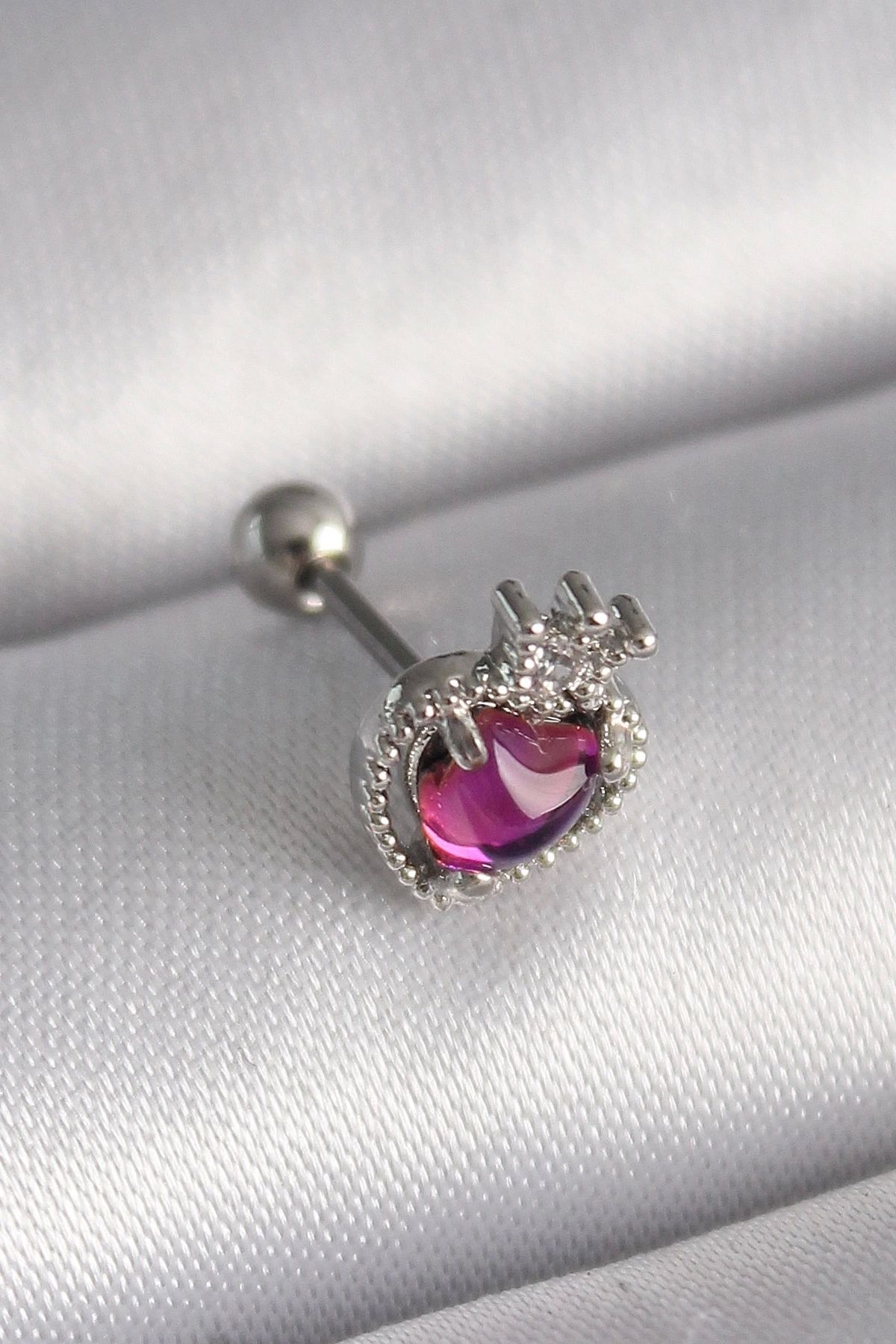 STOREMAX 316L Çelik Gümüş Renk Pembe Mineli Kalp Zirkon Taş Detaylı Taç Tragus Piercing