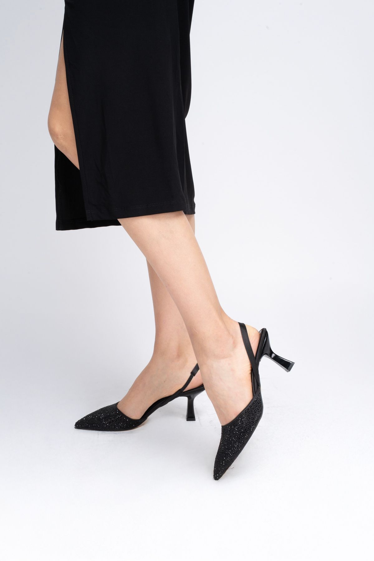 ELAIA SHOES Aura Kristal Taşlı Arkası Açık Kadın Topuklu Abiye Stiletto – Siyah