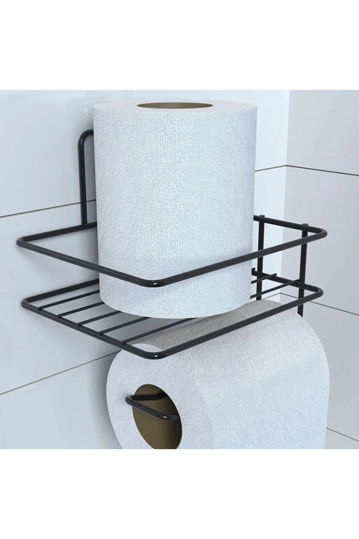 Mu Art Ahşap Mrt Kendiliğinden Yapışkanlı Tuvalet Kağıdı Tutacağı ve Yedek Raf - Siyah Modern Metal Tasa