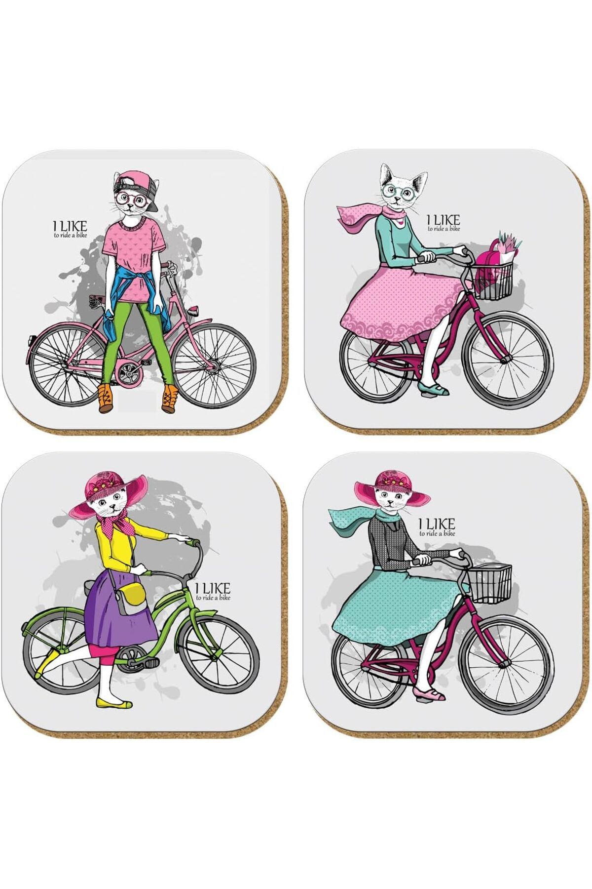 STOREMAX ELZ Gift Hediyelik Metal Mantar Tabanlı I Like To Ride a Bike Kedili 4'lü Bardak Altlığı Seti F