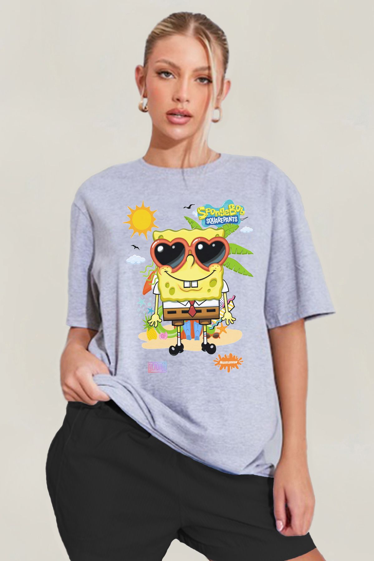 MODA Sünger Bob Summer Yaz Baskılı Oversize Kalıp Grimelanj Geniş Bol Kesim Kadın Tişört