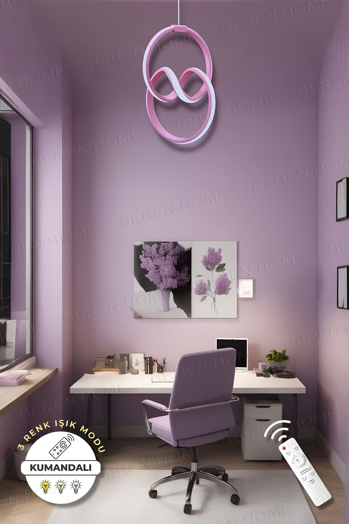 BEREN HOME Eva Pembe Kumandalı 3 Renk Modern Sarkıt Led Avize