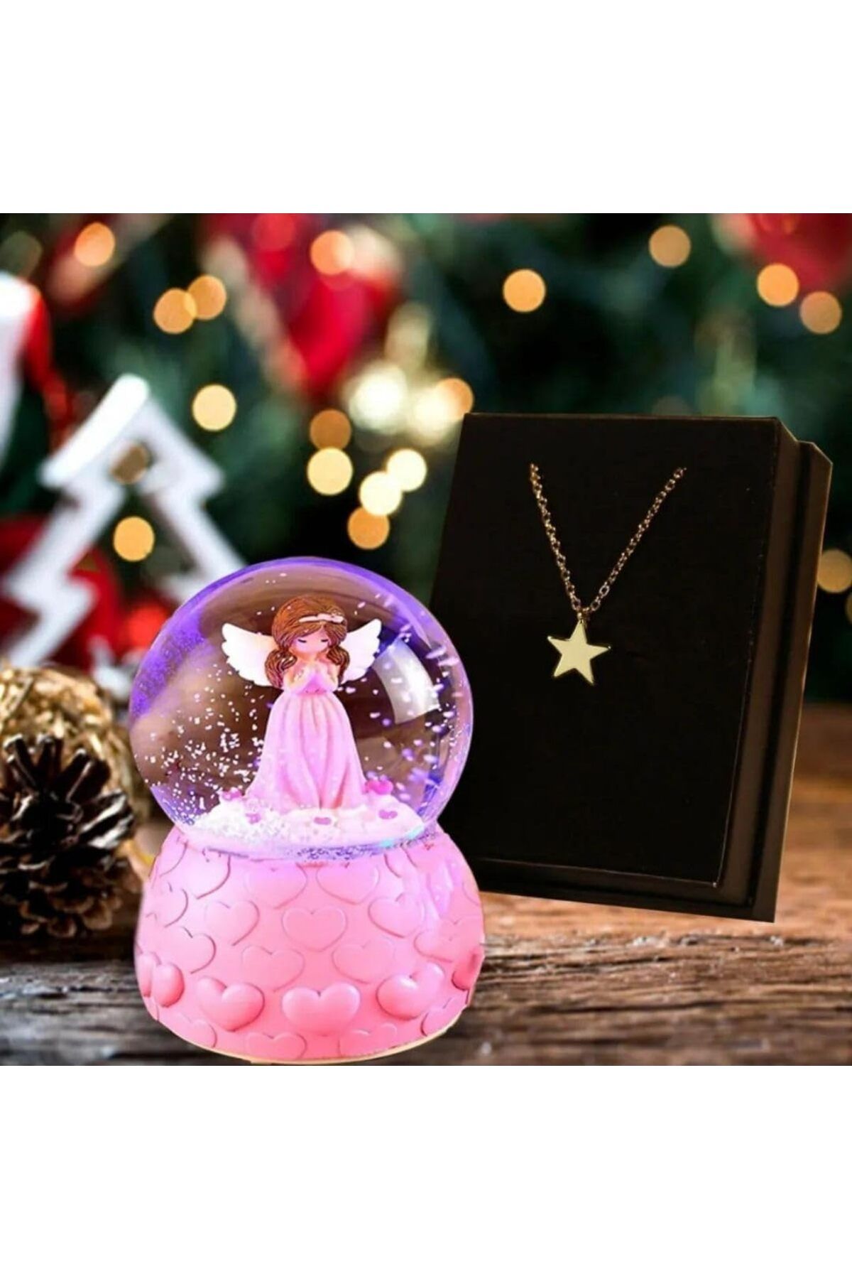 LUXE Hediye Yıldız Kolye & Pembe Mini Işıklı Peri Kar Küresi LXSHP 1055529