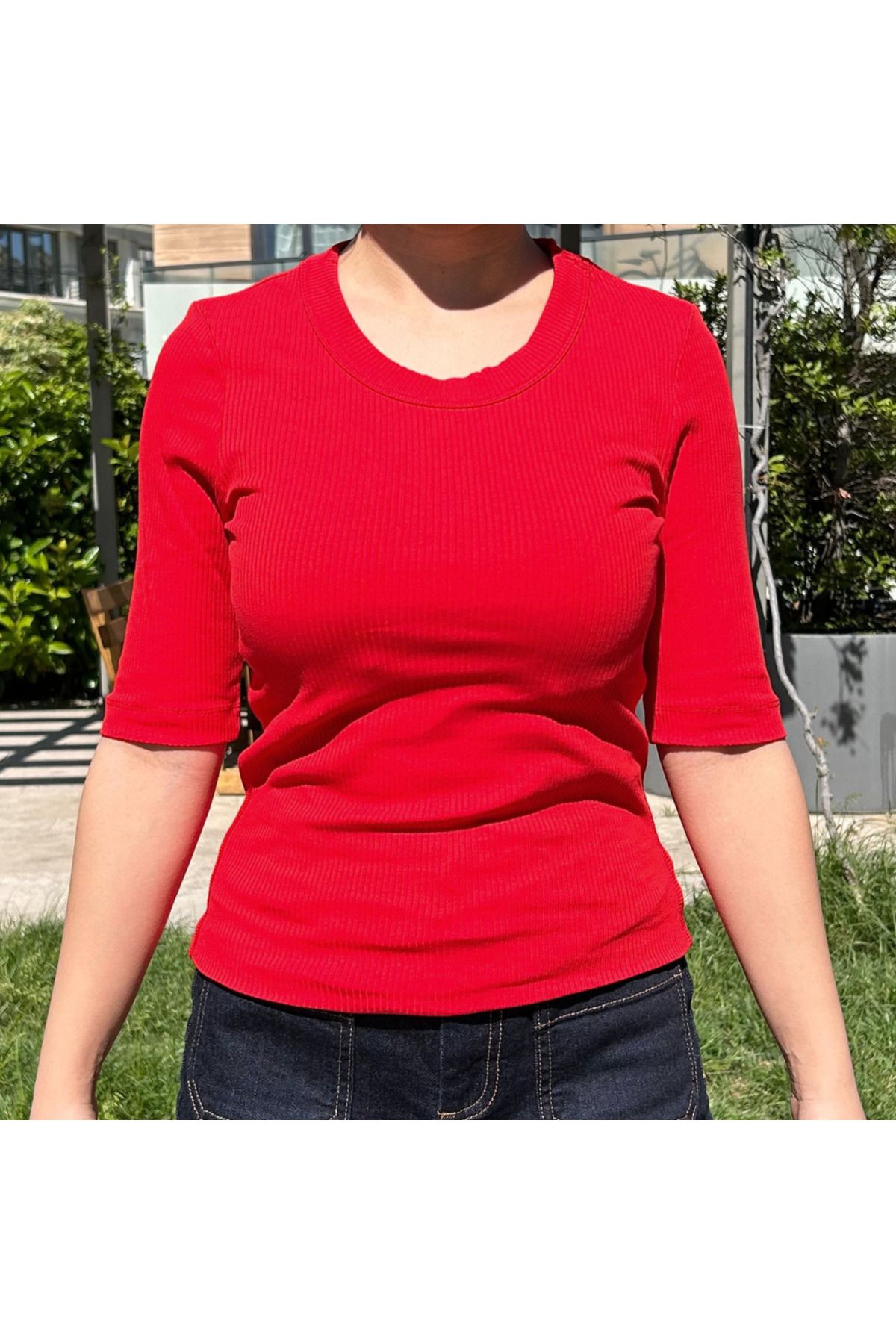 SURIA Roux Kırmızı Fitilli Pamuklu Ribana Kısa Kollu Kadın Tshirt