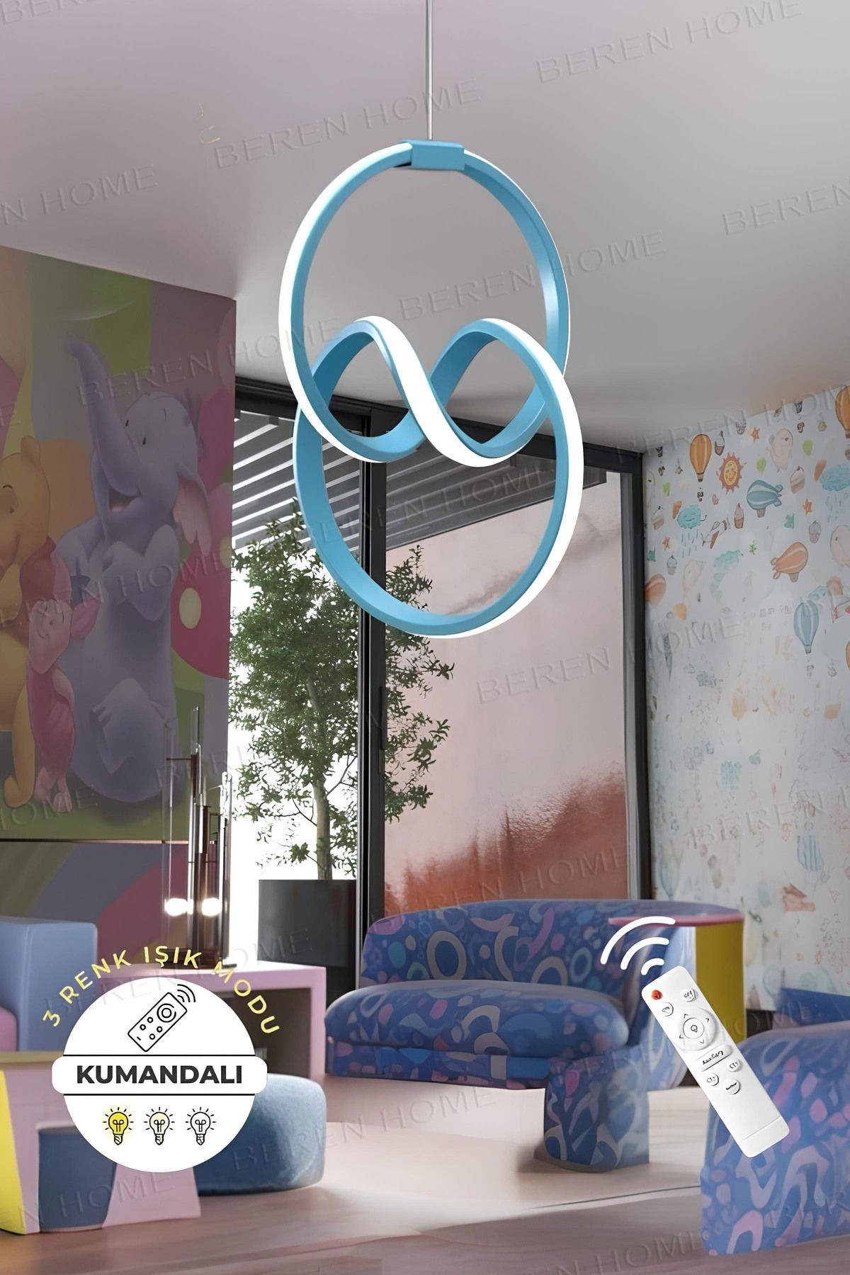 BEREN HOME Eva Mavi Kumandalı 3 Renk Modern Sarkıt Led Avize