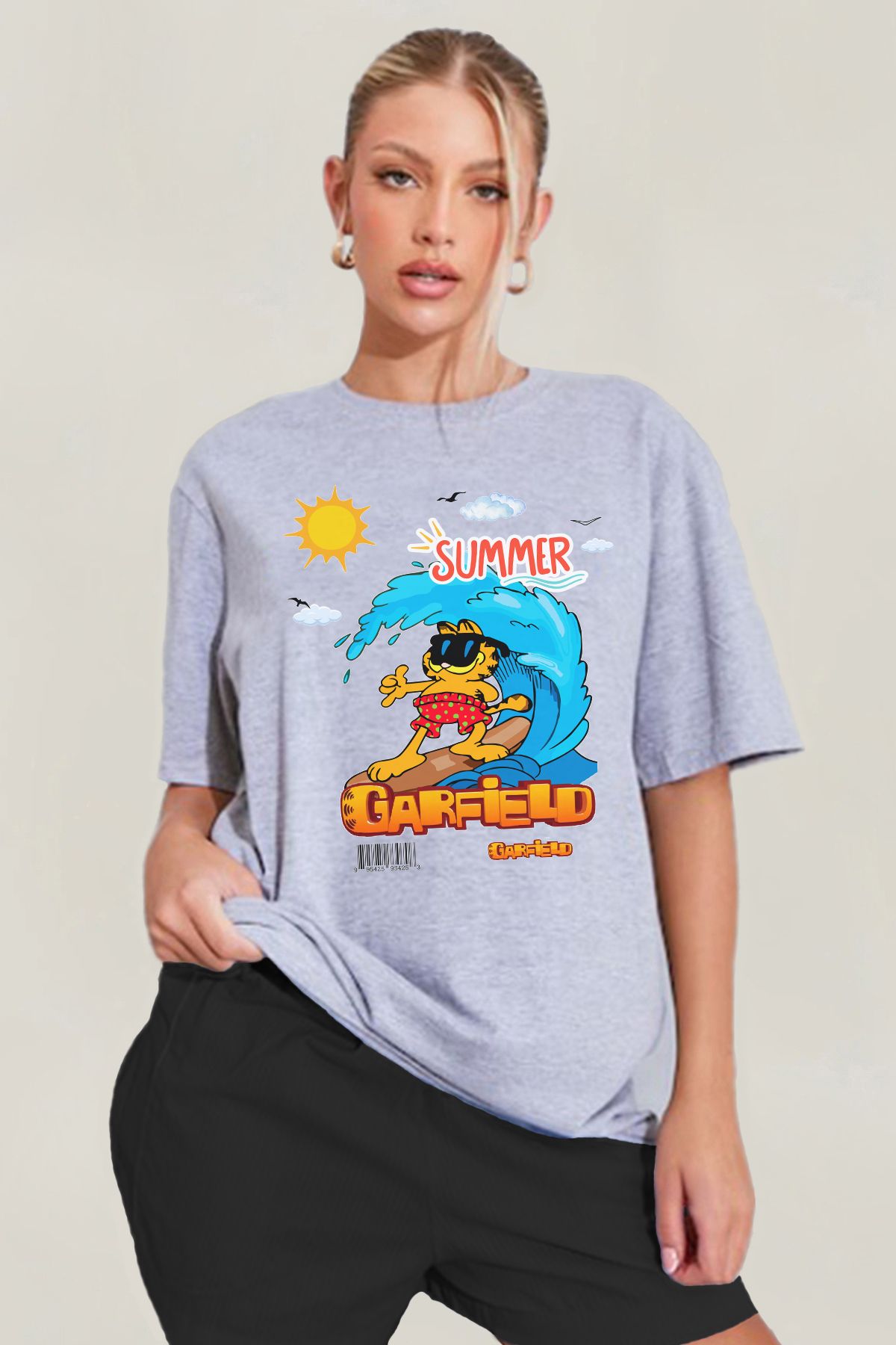 MODA Garfield Kedi Baskılı Oversize Kalıp Grimelanj Geniş Bol Kesim Kadın Tişört