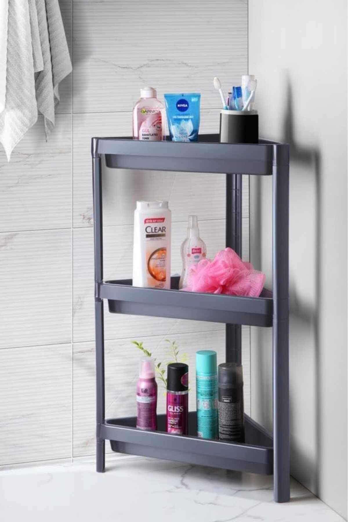 LUXE Life 3 Katlı Üçgen Plastik Gri Banyo Mutfak Rafı MIT1061 LXSHP 1055529