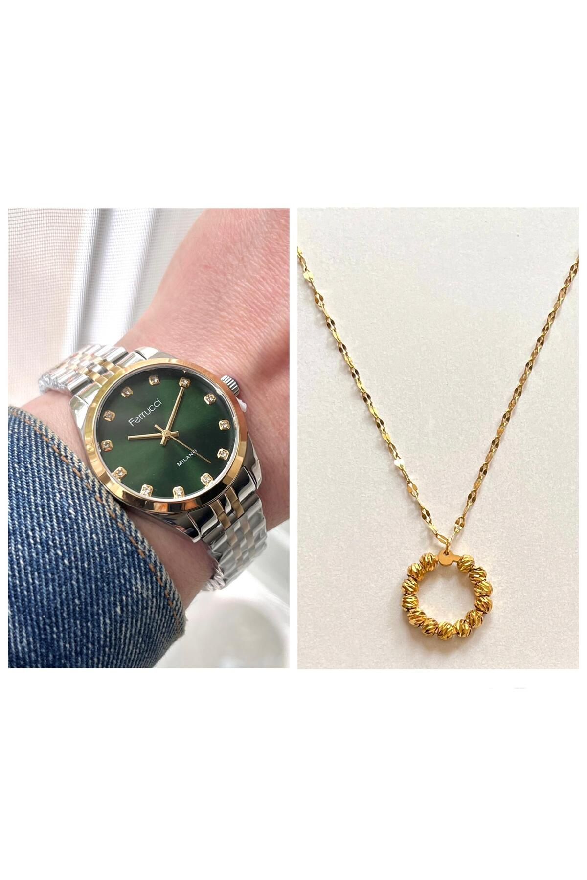 Ferrucci Zirkon Taşlı Kadın Kol Saati+%100 Çelik Dorikalı Kolye Hediye
