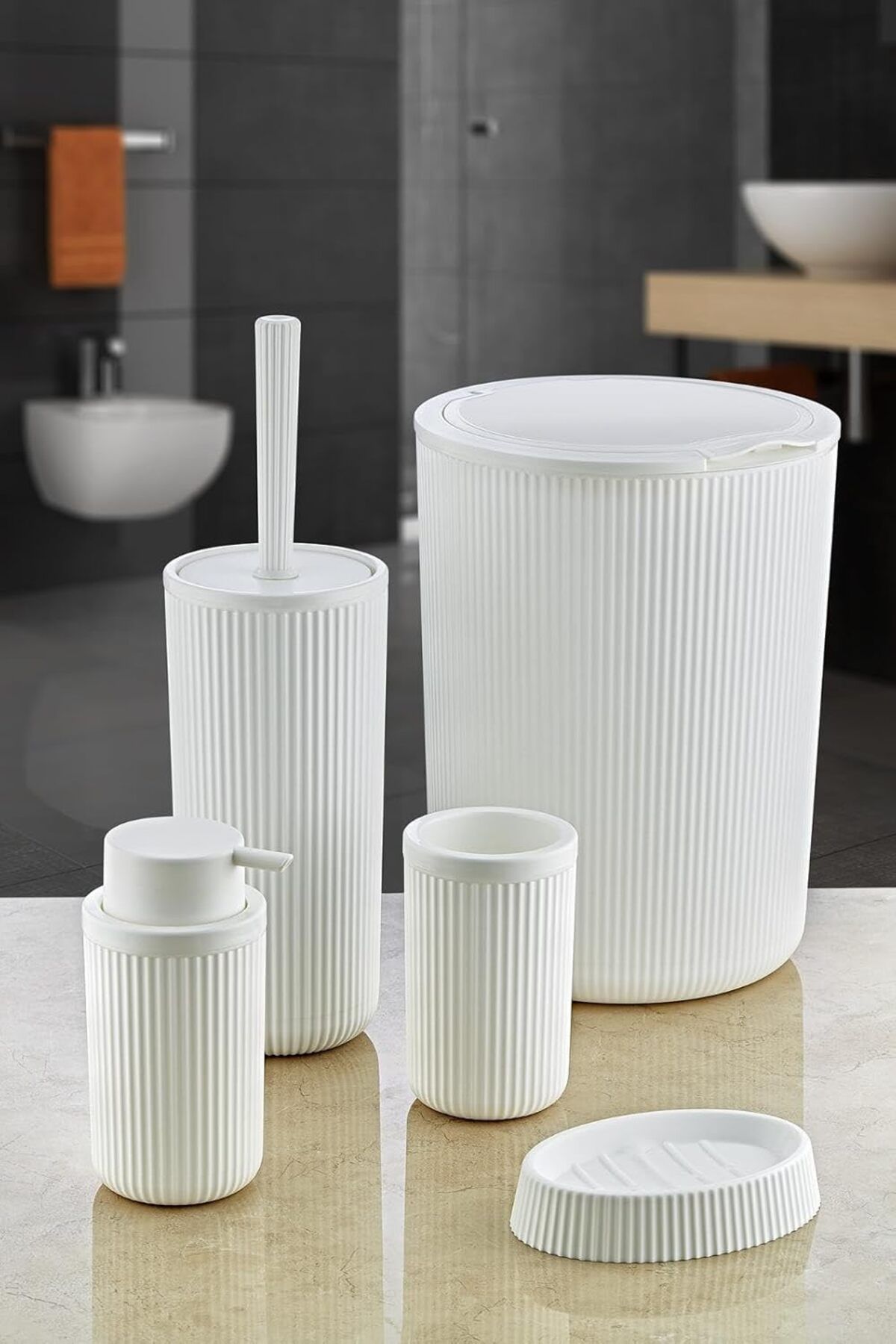 Mu Art Ahşap Mrt 5 Parça Lüx Plastik Banyo Seti 7 Litre Dokunmatik Çöp Kovalı, Antibakteriyel Fırça (Beyaz
