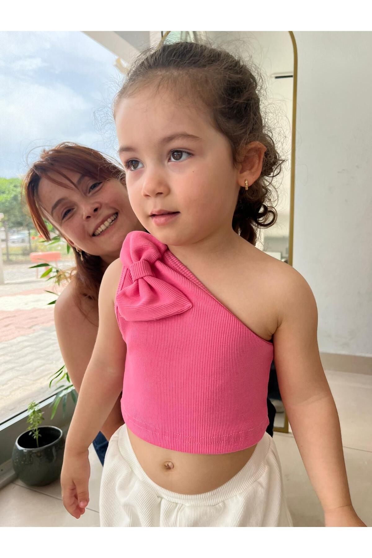 HEREN BUTİK Kız Çocuk Fiyonklu Tek Omuz Crop Bluz %100 Pamuklu Fitilli Esnek Kumaş