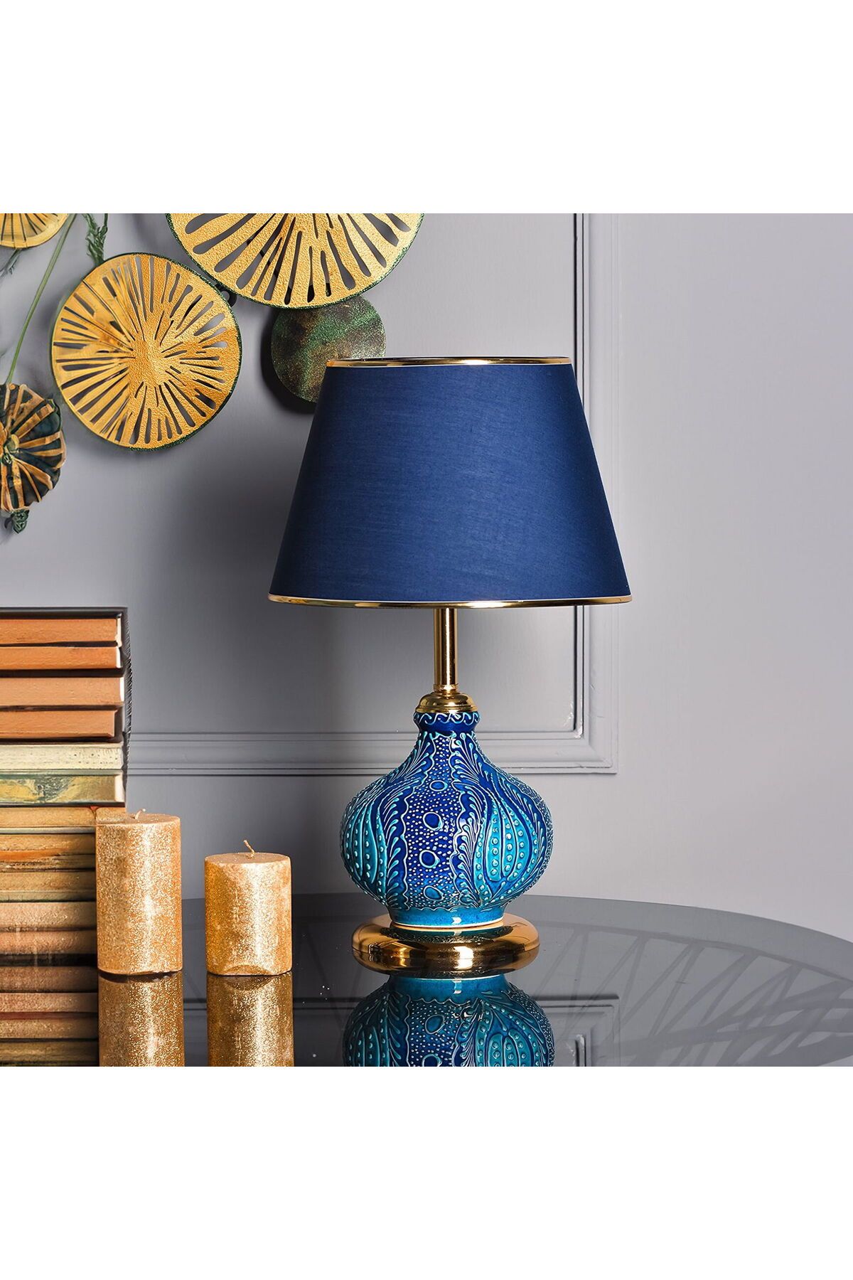 MATMEL Light Patara Çini Detaylı Seramik Abajur - Mavi Şapka / Gold Ayak