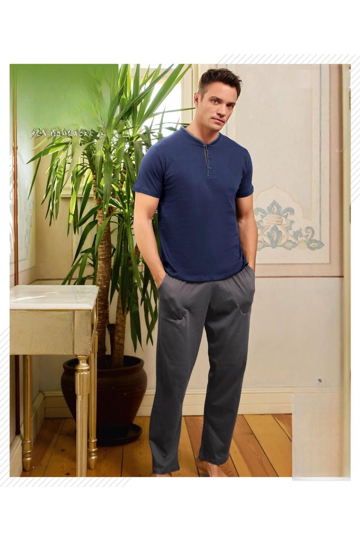 Pijamoni Erkek Düğme Yaka Kısa Kol Penye Pijama Takımı 6880/2 - 1 Adet