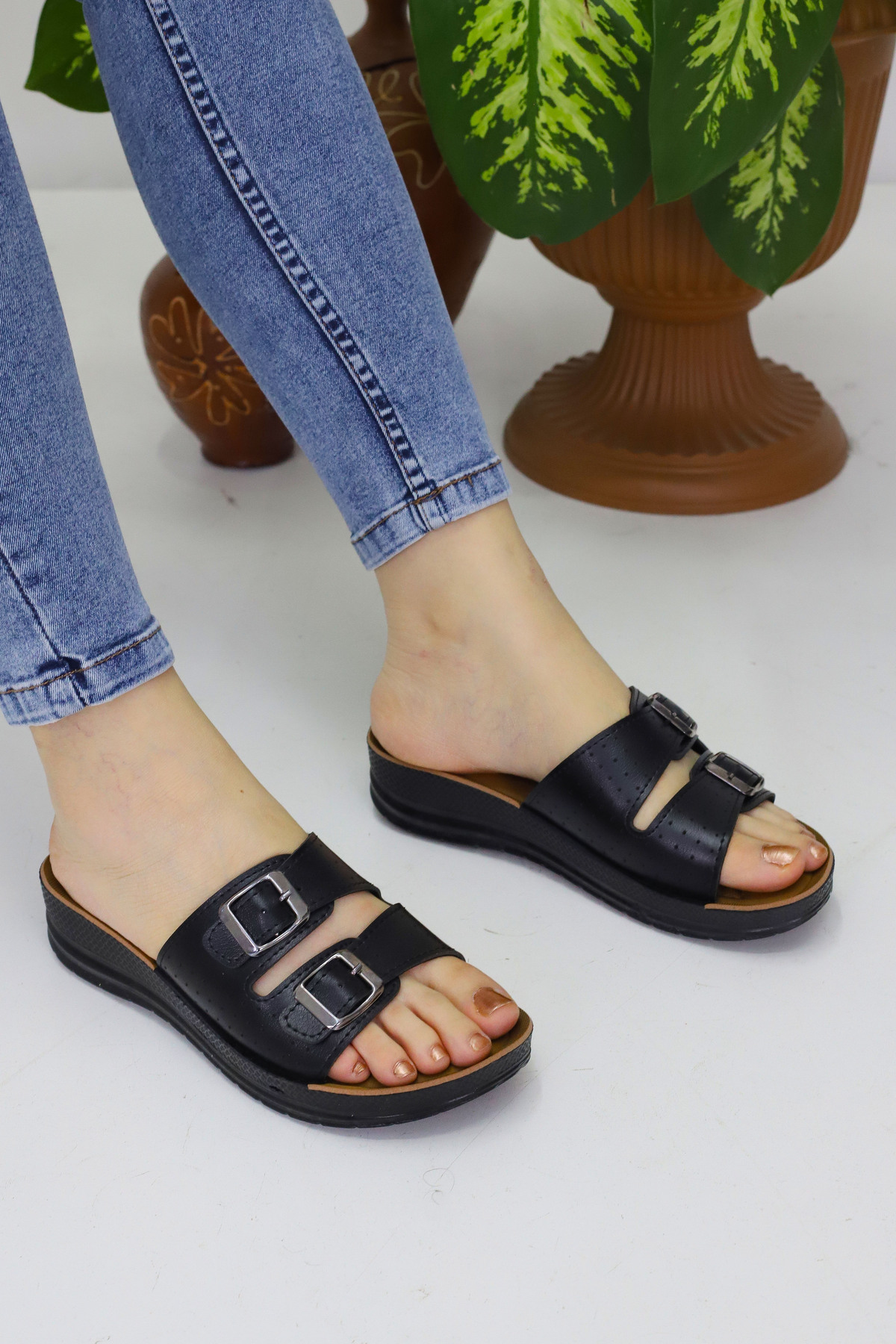 Modaarmada-Black Double Buckle Comfortable Use Women's Slippers Light and Flexible Sole 4