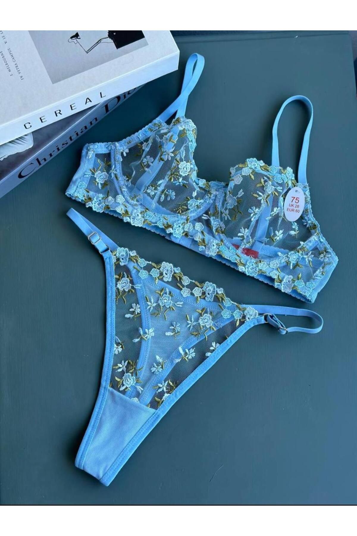 arona lingerie Mavi Çiçek Desenli Balenli Sütyen&Külot Takımı