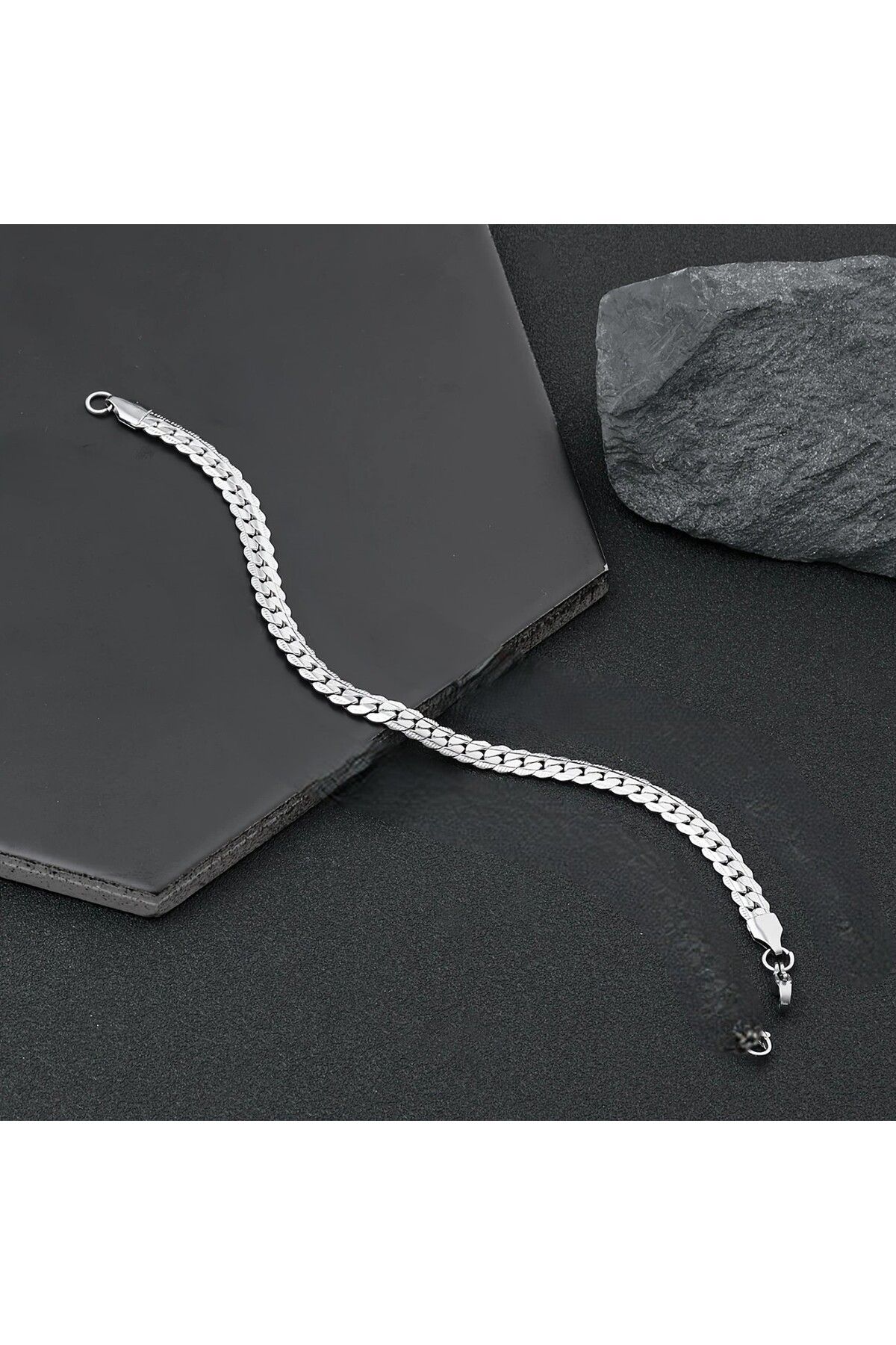 Tasarım Çelik Bileklik Yassı Örgü Model 4 mm Genişlik 19 cm Uzunluk Ek 4 cm Gümüş Silver