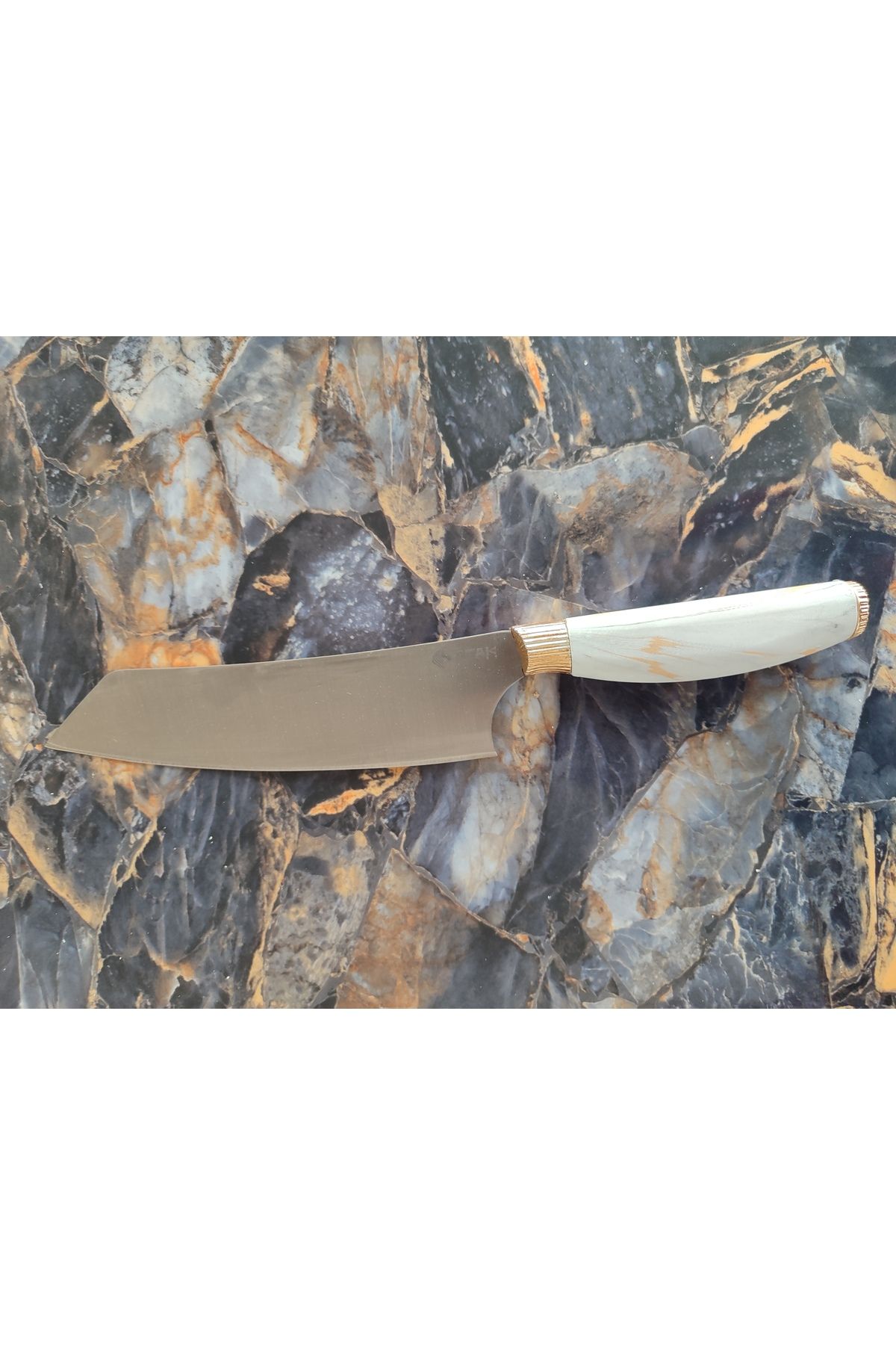 empressnaturalstone Kritsuke Şef Bıçağı – Atak Marka, Beyaz Mermer Desenli Oval Kabze