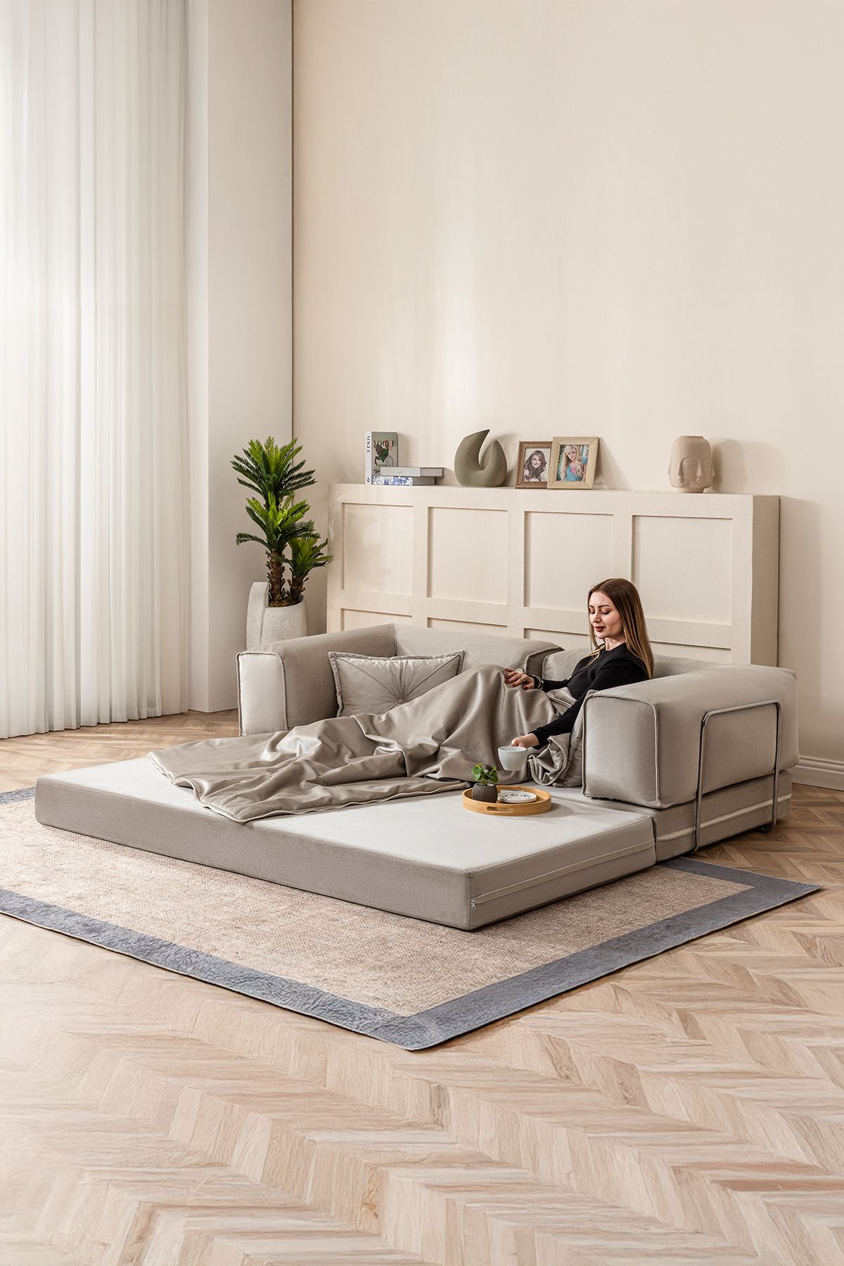 BRANNA HOME Legom 2 Kişilik Yorganlı Aktivite Koltuk & Açılabilir Yatak & Çok Amaçlı Modern Sünger Koltuk & Krem