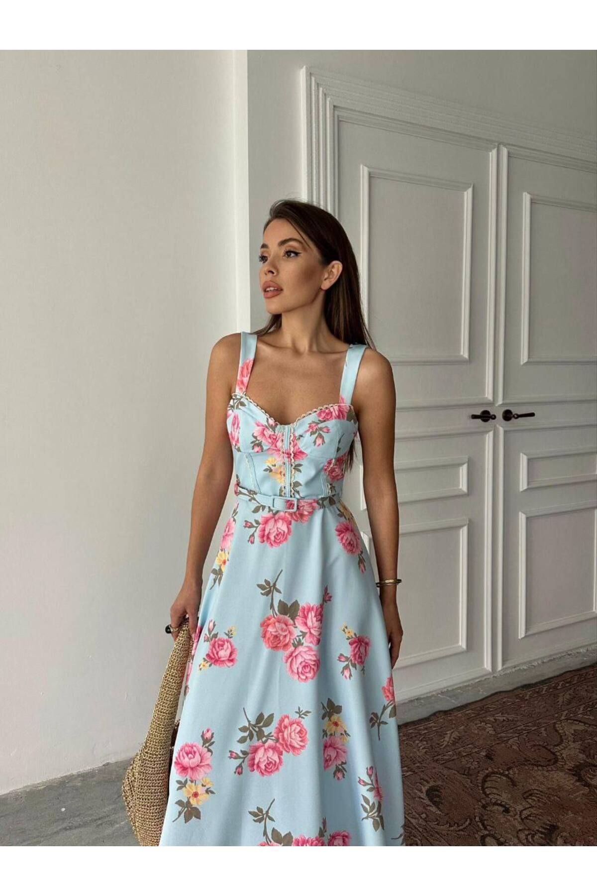 Castivo Fashion Korsaj Detaylı Çiçek Desenli Askılı Elbise