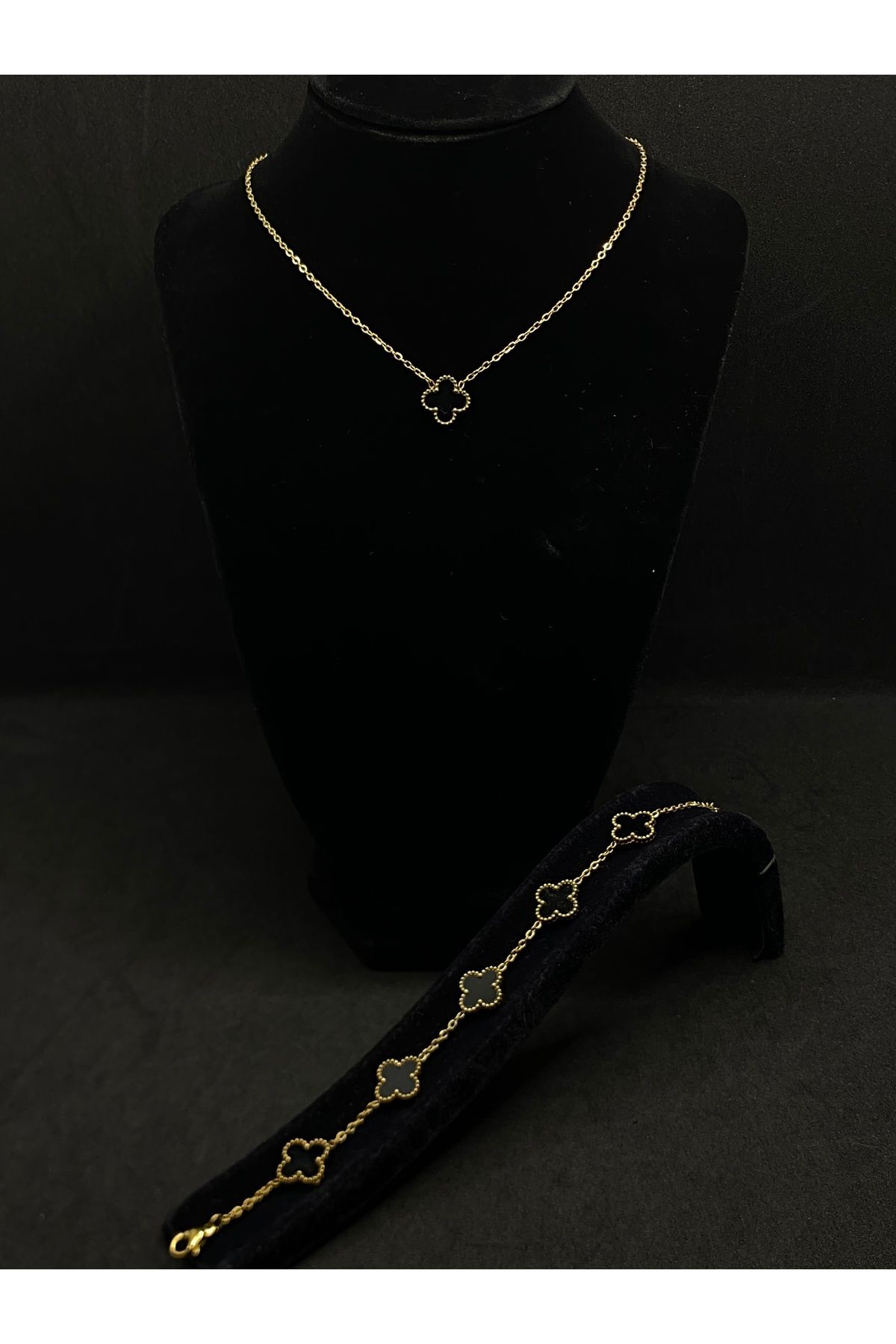 Jiji Jewelery Van Cleef Çift Taraflı Mineli Altın Renk Bileklik ve Kolye Paslanmaz Çelik Takı Seti