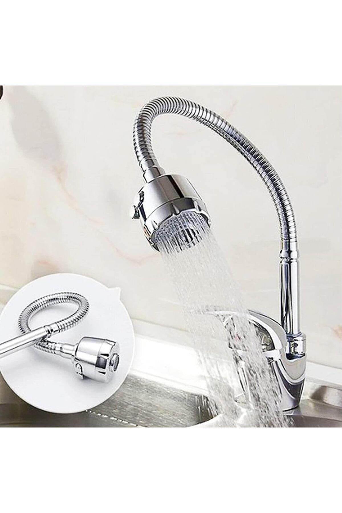 LUXE Home Spiral Başlı 2 Fonksiyonlu Hareketli Dönebilen Hortumlu Musluk Ucu Tasarruflu Oynar Başlı
