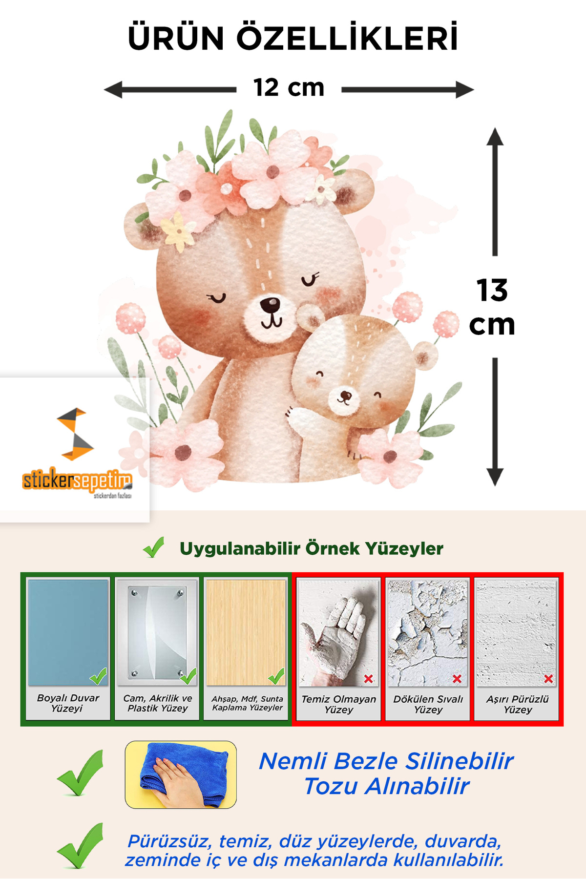 Sticker Sepetim Sevimli Anne ve Yavru Ayıcık Çiçekler Çocuk Odası Duvar Sticker - Priz Sticker fotoğrafı 2 (önizleme)