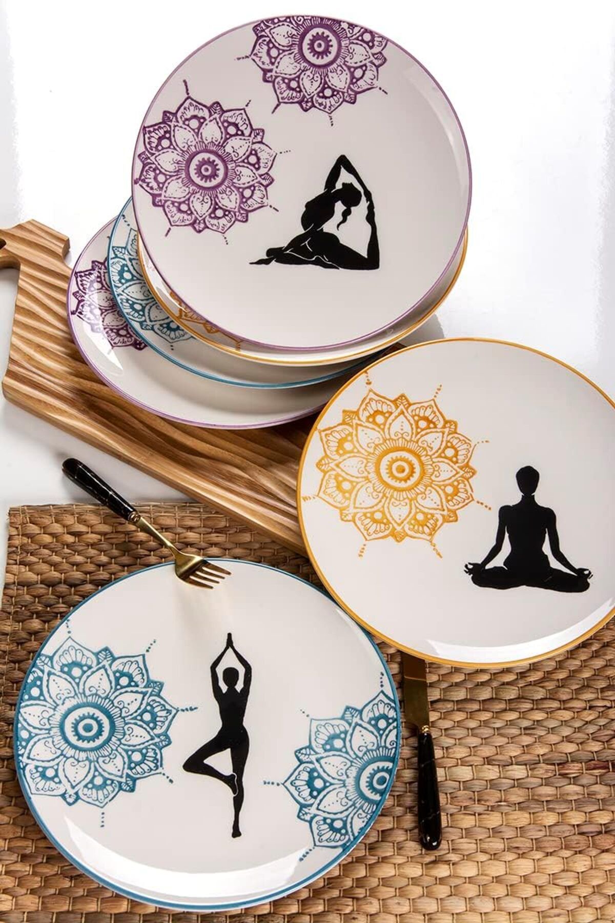 Mu Art Ahşap Mrt HOME 6'LI 26CM SERVİS TABAĞI SETİ YOGA GİRL EL DEKORU Art 871301