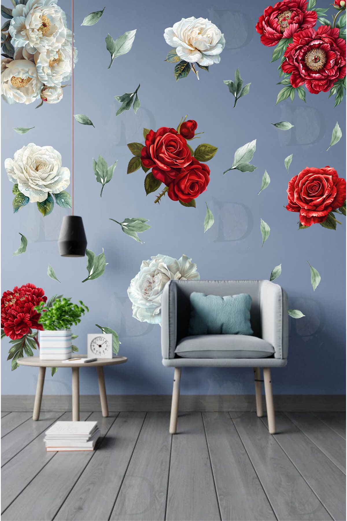 KT Decor Kırmızı Beyaz Şakayık Çiçekleri Premium Duvar Sticker Seti