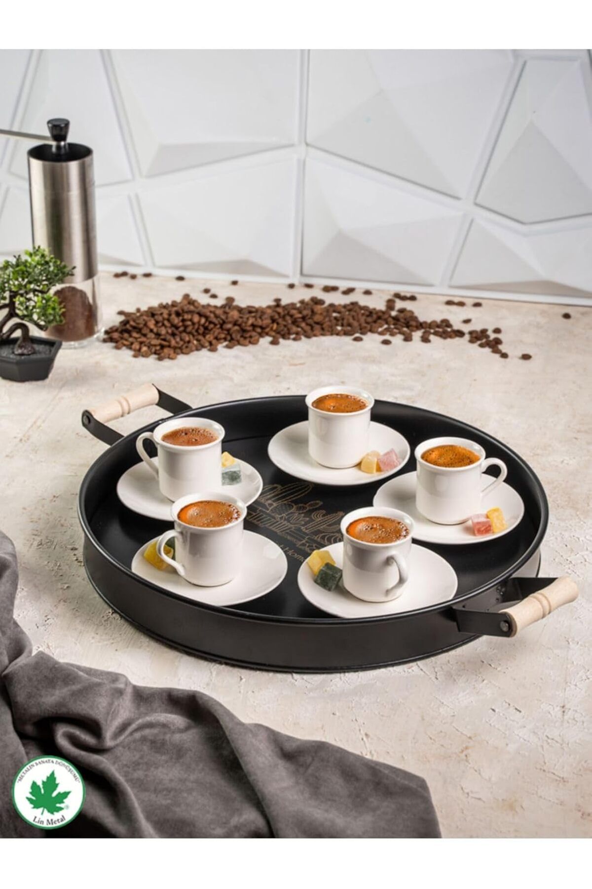 LUXE Metal 37Cm Ahşap Kulplu Siyah Metal Tepsi Yuvarlak Çay Tepsisi Sunum Tepsisi Tahta Kulplu Kahve T