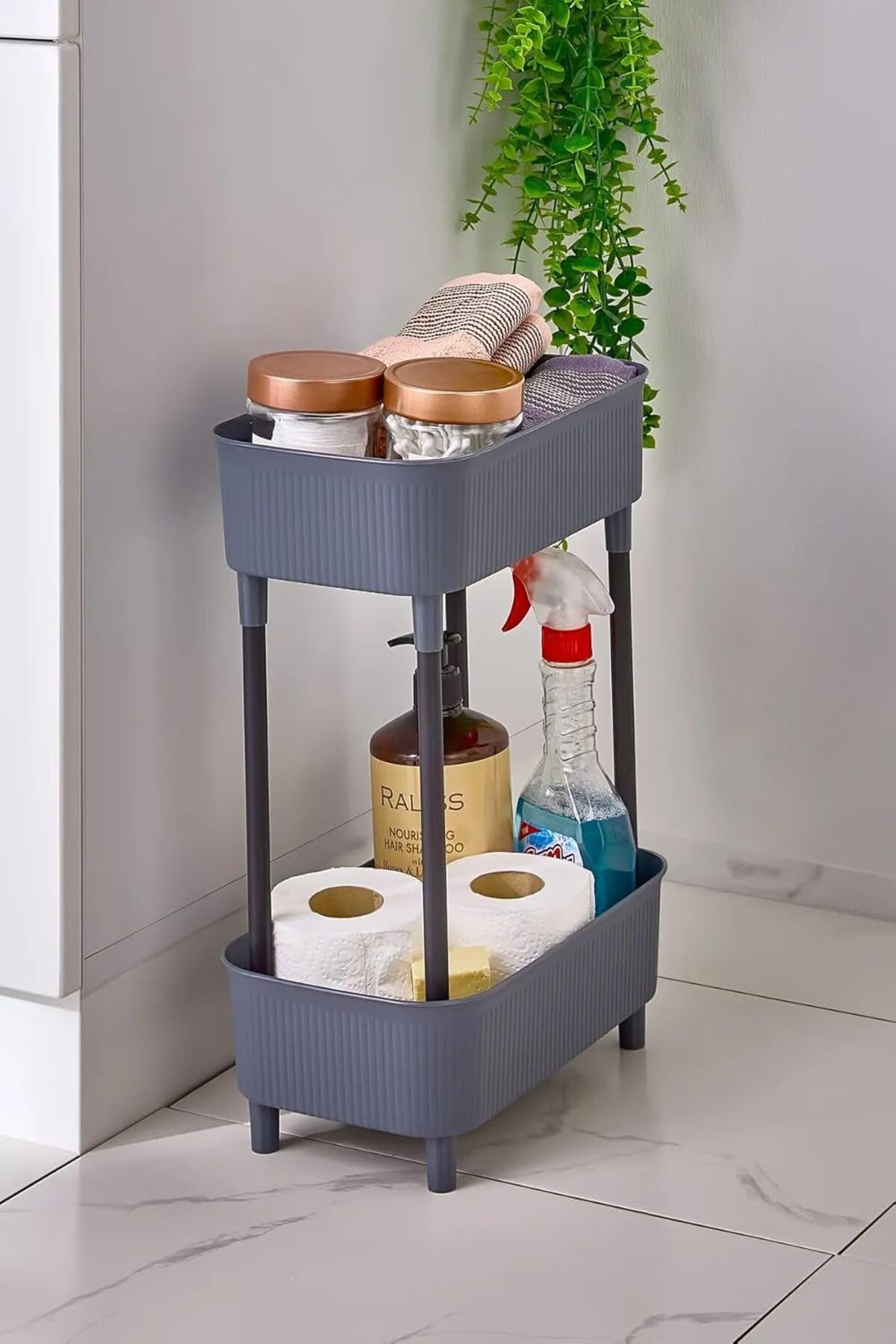 LUXE 2 Katlı Banyo Rafı, Gri Plastik Mutfak Düzenleyici, Çok Amaçlı Organizatör LXSHP 1055529