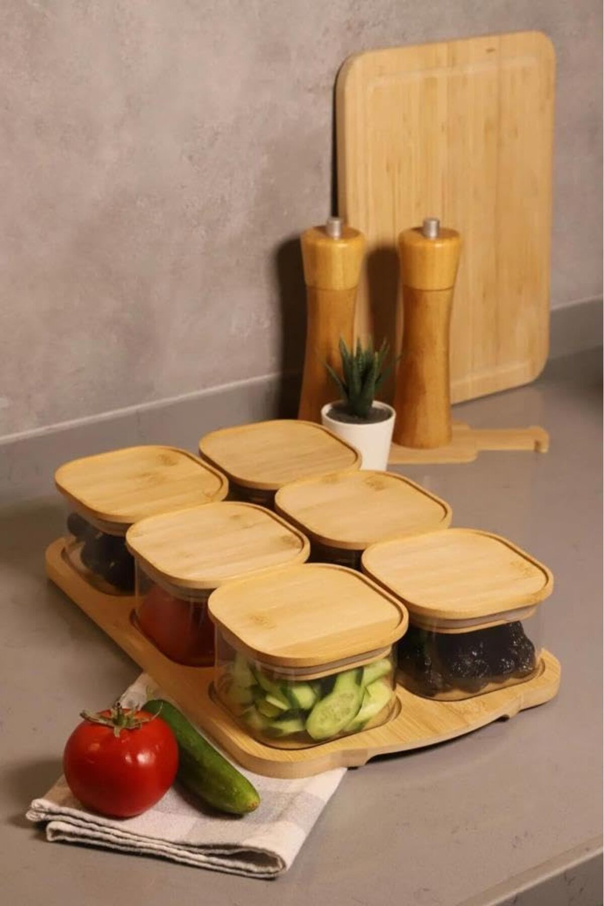 STOREMAX SRT Kare Cam 6’lı Kahvaltılık Set – Bambu Kapaklı, Bambu Tepsili, Doğal Ahşap Sunum Tepsis