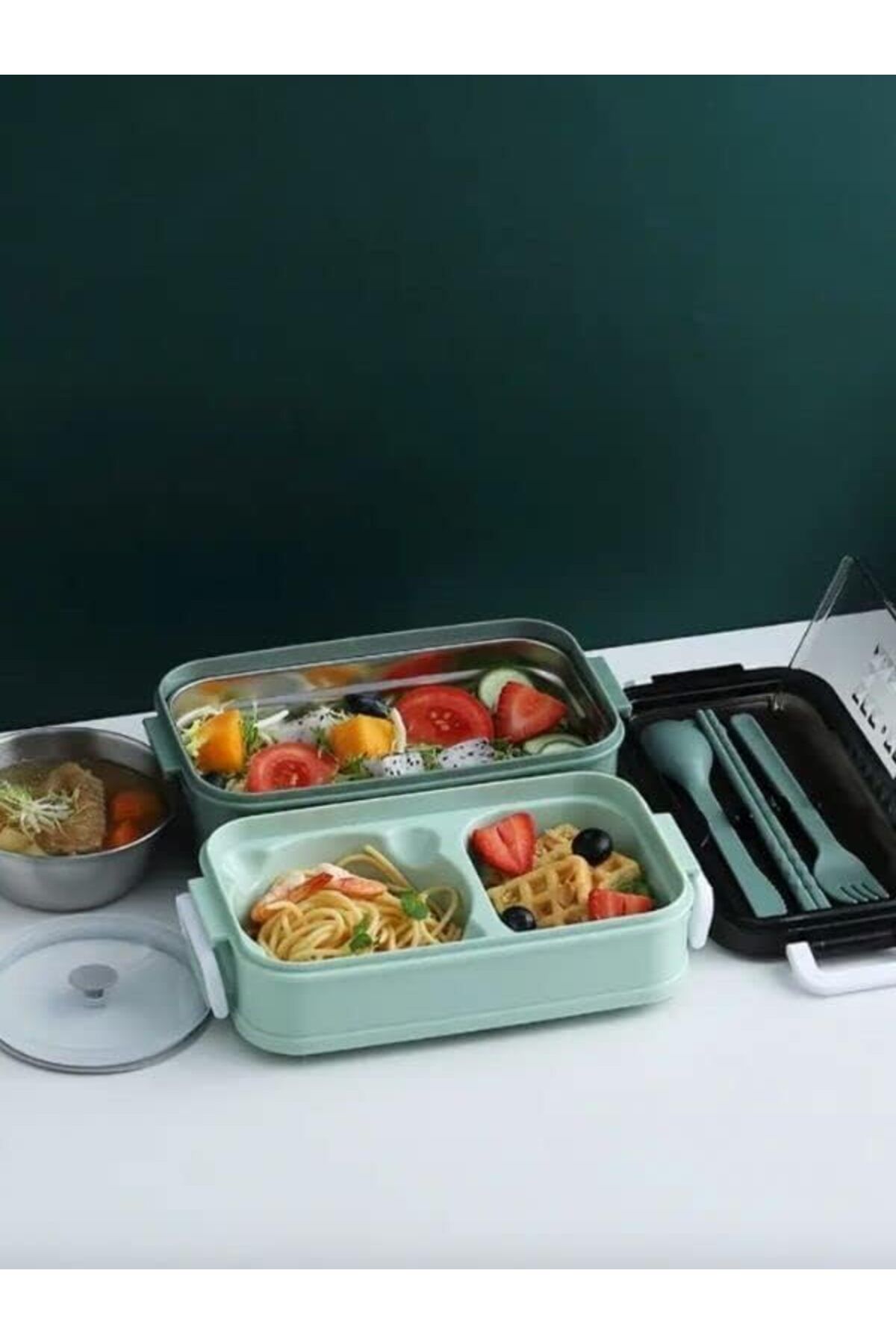 STOREMAX ELZ Village Concept Lunch Box, 1400 ml 3 katlı beslenme kutusu, çatal bıçak takımı, yemek kutu