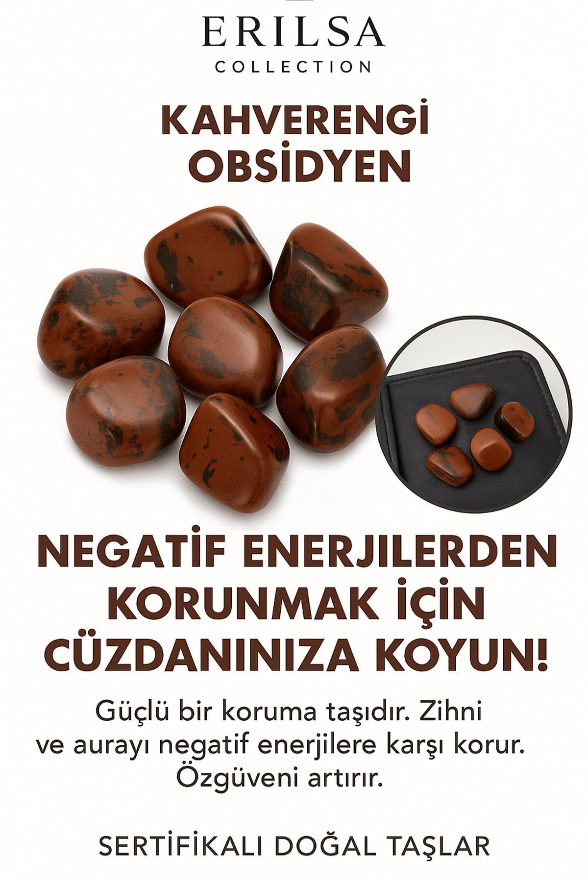Erilsa Sertifikalı Cüzdan Boy Kahverengi Obsidyen Taşı Kütle - İçsel Güç ve Duygusal Arınma Sağlar