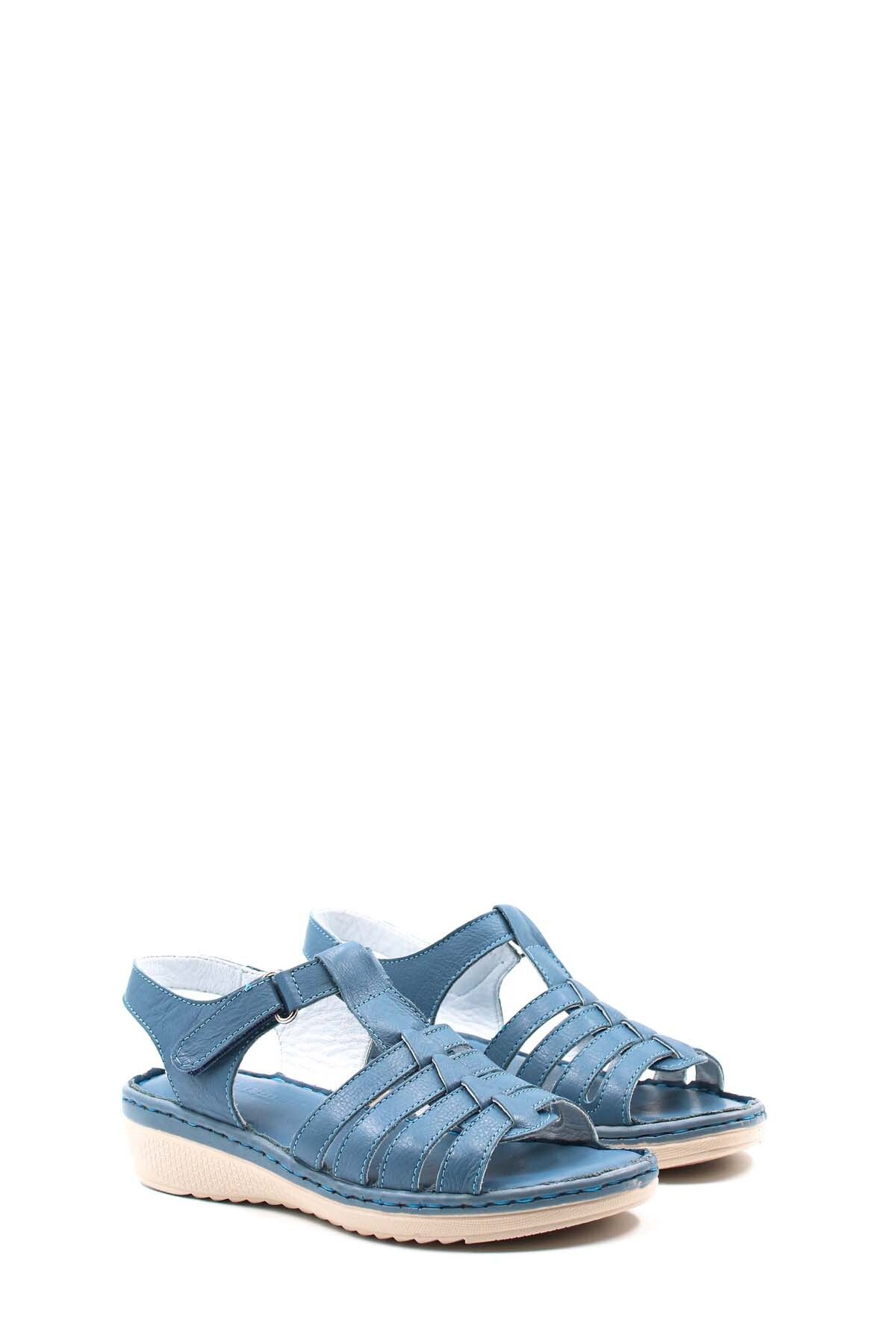 صندل آبی زنانه چرمی واقعی چرم روزمره تابستان KOT 952ZE21888 1 Fast Step