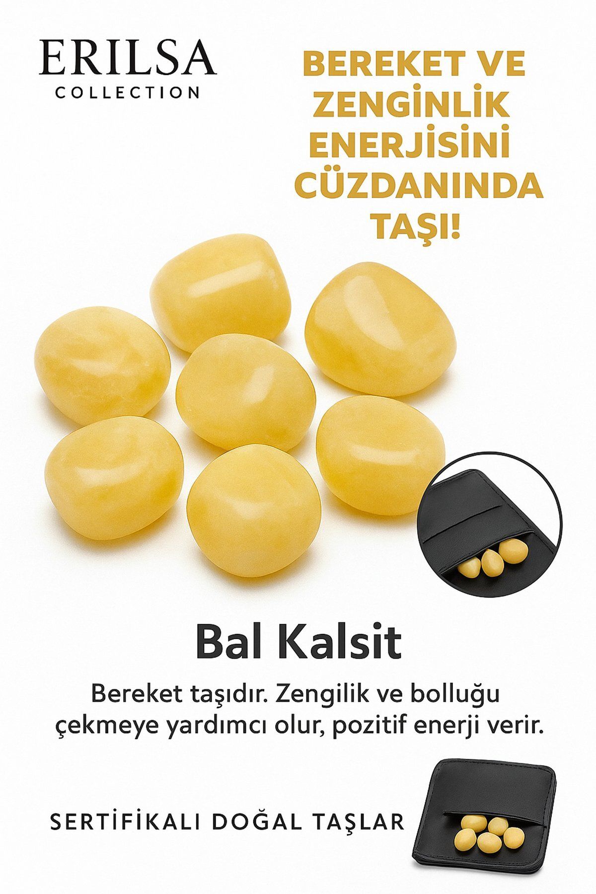 Erilsa Sertifikalı Cüzdan Boy Bal Kalsit Taşı Kütle - İç Huzur ve Duygusal Canlılık Kazandırır