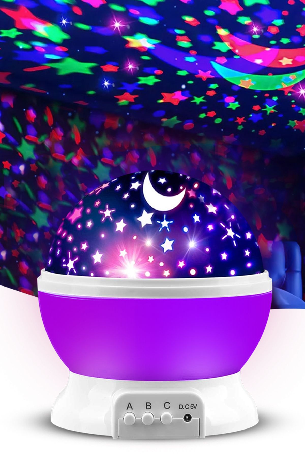 Tatlı Sebep Ay Ve Yıldızlı Gökyüzü Yansıtmalı Dönen Projeksiyon Gece Lambası- Çocuk Bebek Odası Mor