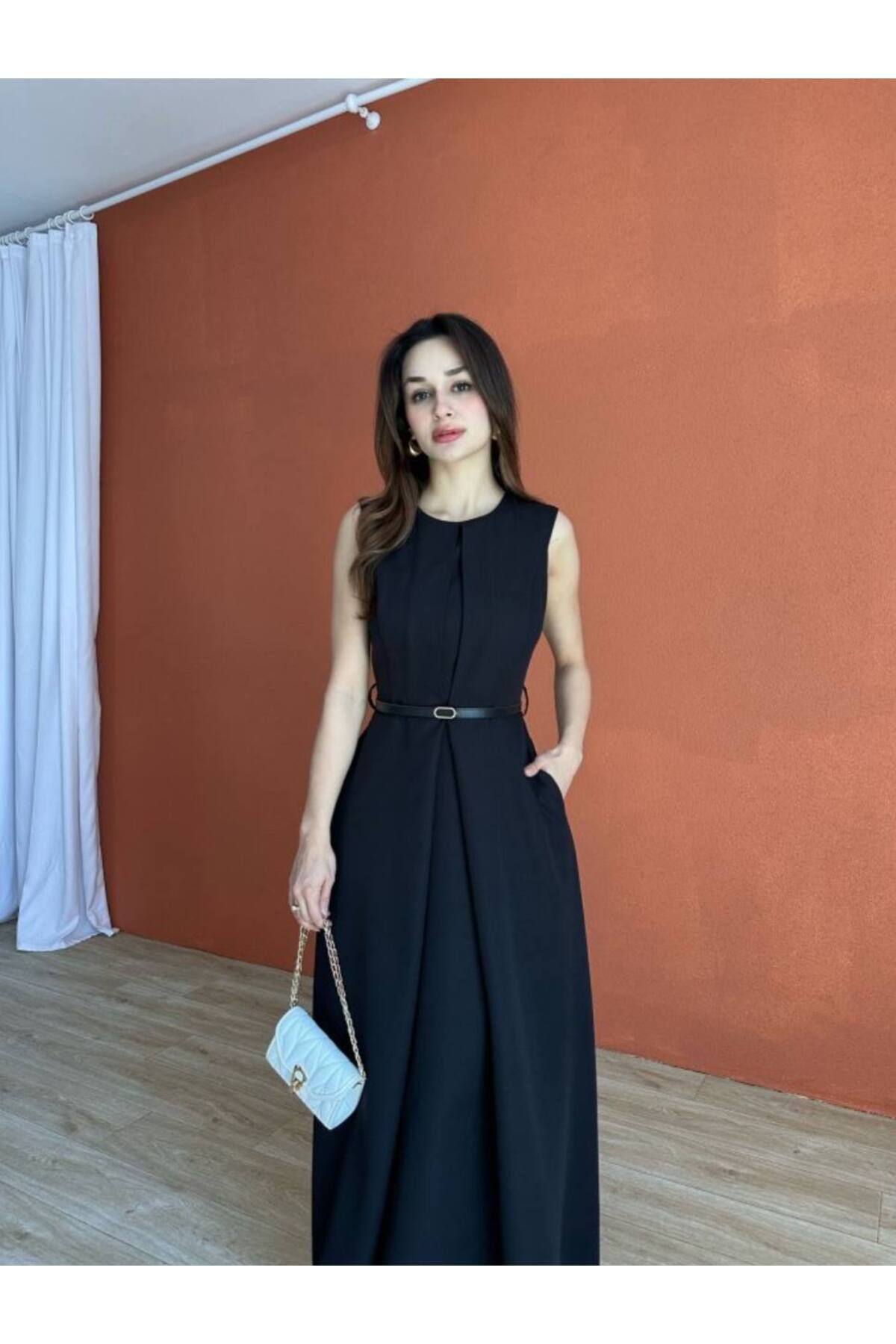 Monapera Kolsuz Kemerli Tasarım Maxi Boy Elbise