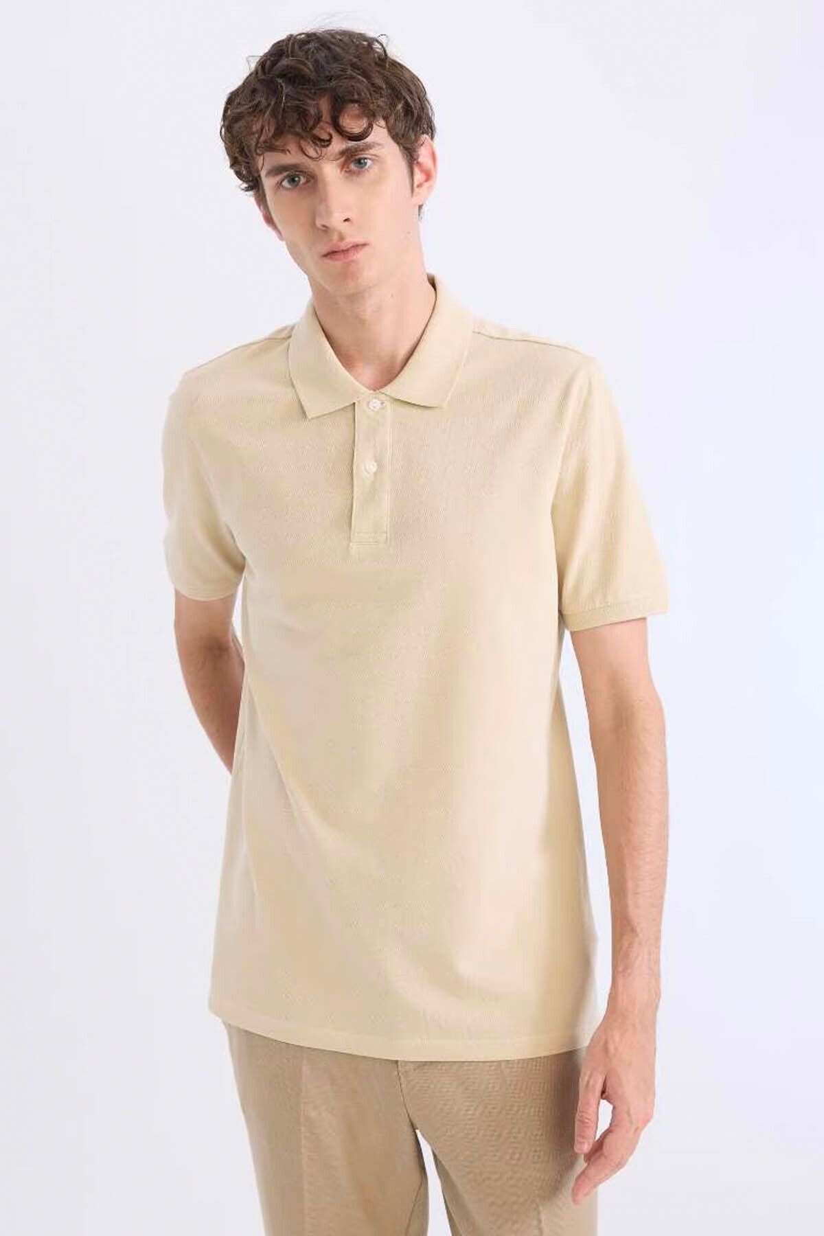 DeFacto Regular Fit Düz Pike Kumaş Taş Erkek Polo Yaka T-shirt C1293AX/BG430