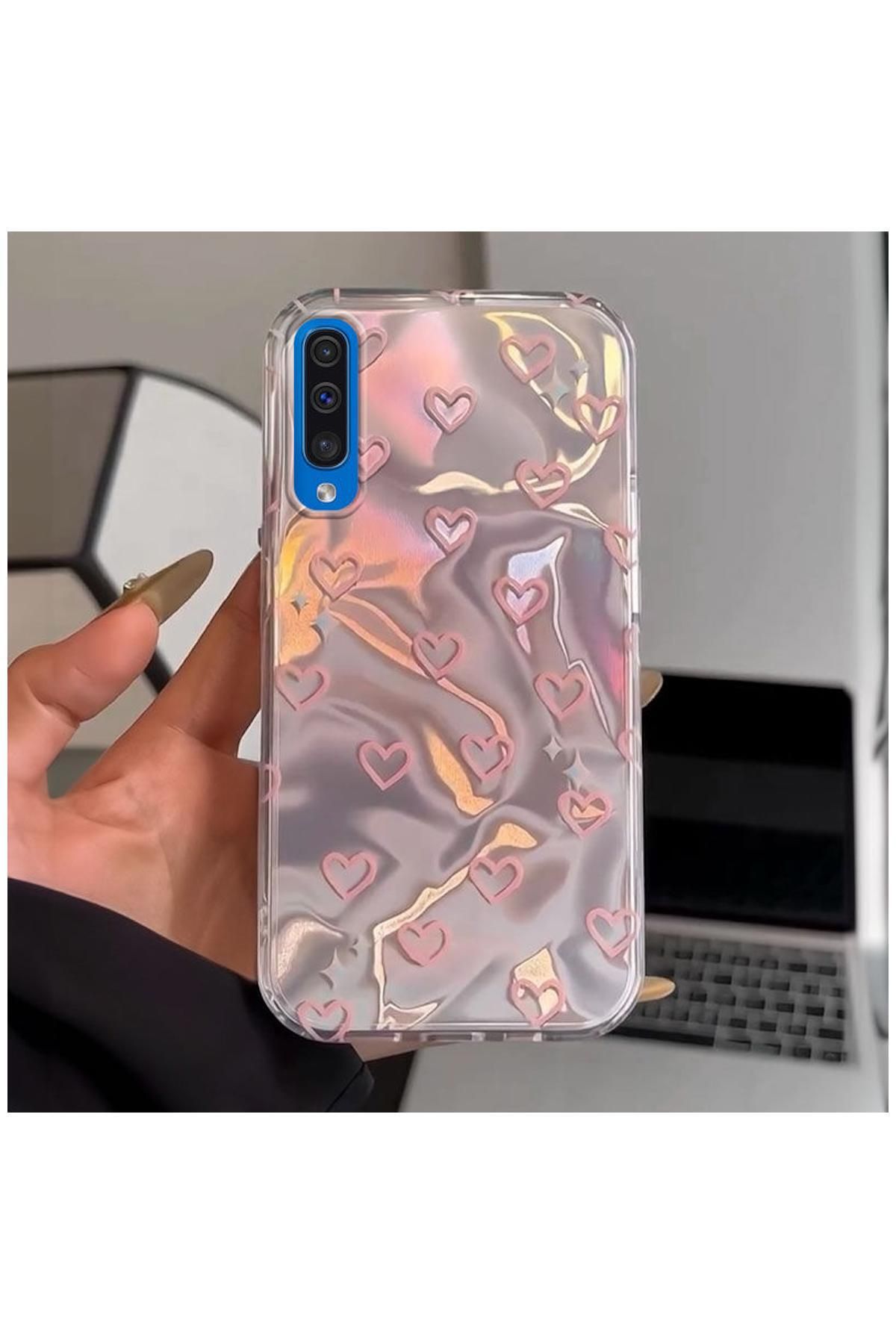 Zebana Samsung Galaxy A50S Uyumlu Kılıf Zebana Pink Heart Silikon Kılıf Pembe